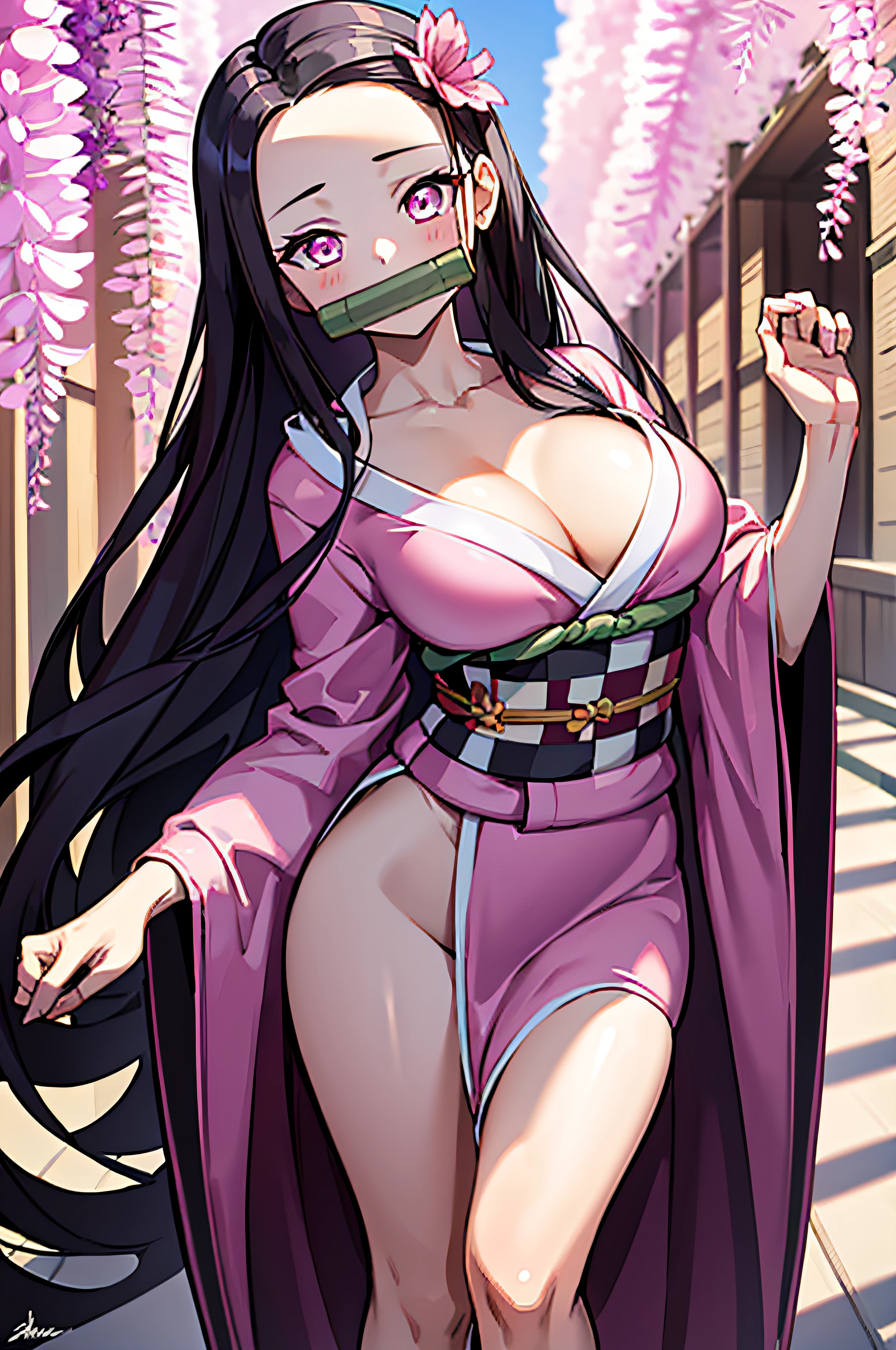 masterpiece, (pink kimono), seductive face, good lighting, décolleté, fine details, masterpiece, glowing eyes, 1girl, black hair, gag, bamboo, Nezuko Kamado, wisteria background, masterpiece, best quality, POV, whole body, wide hips,