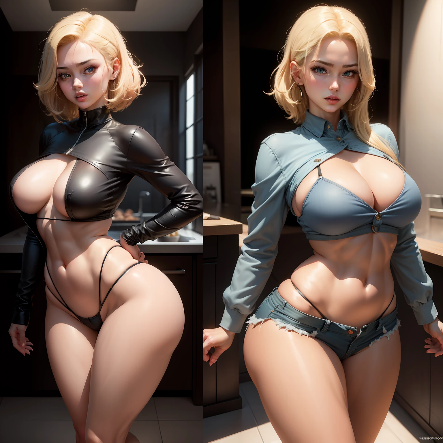 Unbeatable masterpiece，Ultra-realistic 8k CG，Perfect artwork，（1girll：1.1），独奏，（（Perfect female image）），（NSFW），looking at viewert，a mature female，Bimbo（Android18）standing on your feet，（teasing），best qualtiy：1.1，tempting pose，a sexy pose，Tempting，（big breasts beautiful），（curves），（bushy），blond hairbl，（eBlue eyes：1.2），short detailed hair，耳Nipple Ring，jewely，Erotic lingerie，black pantyhoses，black shirt，Denim skirt，Striped long sleeves， blue skirts， Toned legs， suits， （Abs：1.1）， （big assa：1.5）， Peach butt， （atheletic body：1.2）， （Large breasts：1.4， （big_breasts：1.1）， wide_hips：1.5， a narrow waist， Small waist：1.5， slender body：1.2， thick thight：1.3）， （shiny skins：1.2）， （HDR）， （the street：1.2）， Nikon D850 Film Stock Photo Kodak Portra 400 Camera F1.6 shots， rich colours， textures true to reality， Dramatic lighting，unreal-engine