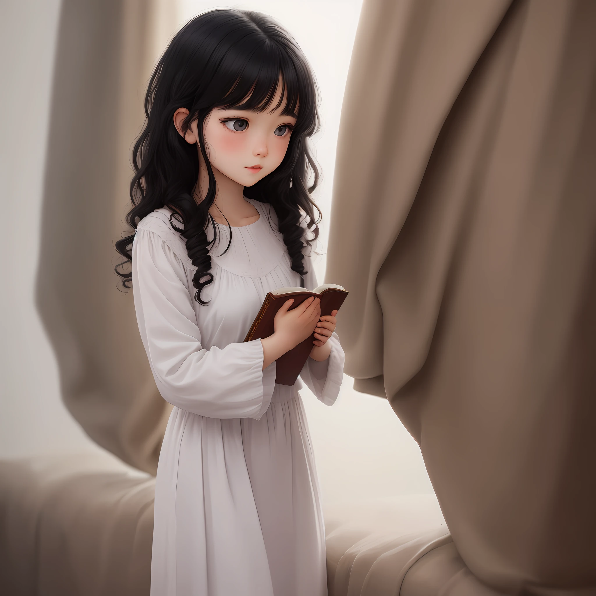 Cute cute girl praying holding in hand a bible curly black hair with white background dark brown eyes, blush claro