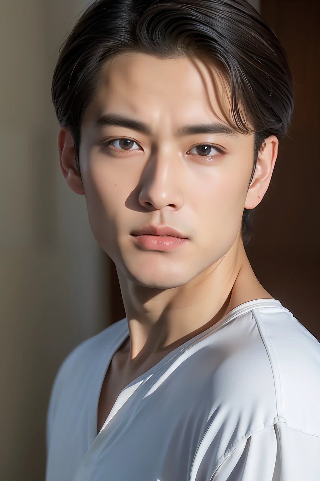 top-quality, masterpiece, 超A high resolution, (realisitic: 1.4), Original photo, wall-paper, Head Photo, The skin, simple background, Black eyes, detaileds, selfy, 1 boys, 18 years old, a handsome, breezing, rays of sunshine, Duan、a room、Amazing handsome man、Cute、Center Part、perm、Johnny's、A face like Ryo Yoshizawa、Refreshing、not too thick eyebrows、orthodox christianity、Cold Face、musculature