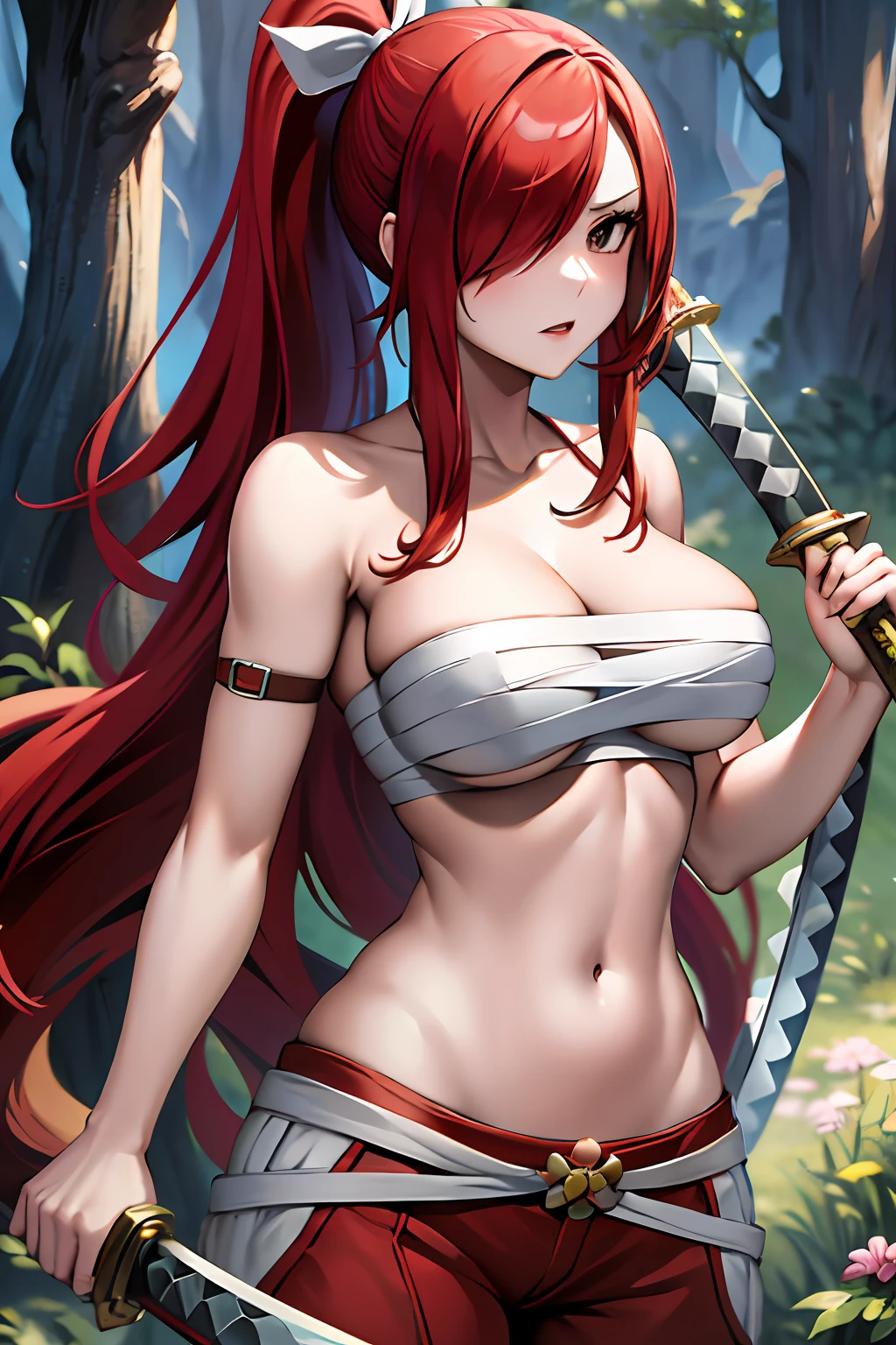 masterpiece, best quality, highres, fairy tail, 1girl, long hair, red hair, ponytail, white ribbon, hair over one eye, brown eyes, large breasts, collarbone, chest sarashi, bandage, bare arms, midriff, red hakama, red pants, standing, holding weapon, sword, katana, outdoors,