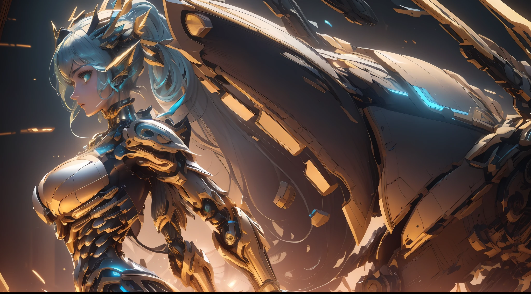 (((masterpiece))), (((best quality))), ((ultra-detailed)), ((extremely detailed CG unity 8k wallpaper)), (1girl) aqua left eye and green right eye, (long golden hair), (gradient to green), (transformed by machinery), knee robot joints, (((black pantyhose))), (white cloth),(artificial torso) ,(short skirt) black gloves with, high-heel shoes,{{mecha musume}},{{mechanical wings}}, {{mechanical legs}},((galaxy background)),((metal wings)),((close mouth)),ray tracing,(ray tracing,{highres}, large breast, nsfw,uncensored,original, {an extremely delicate and beautiful},,incredibly_absurdres,colorful,intricate detail,artbook,),Floating Cannon in the back,((glowing eyes)),(((beautiful detailed eyes))),,