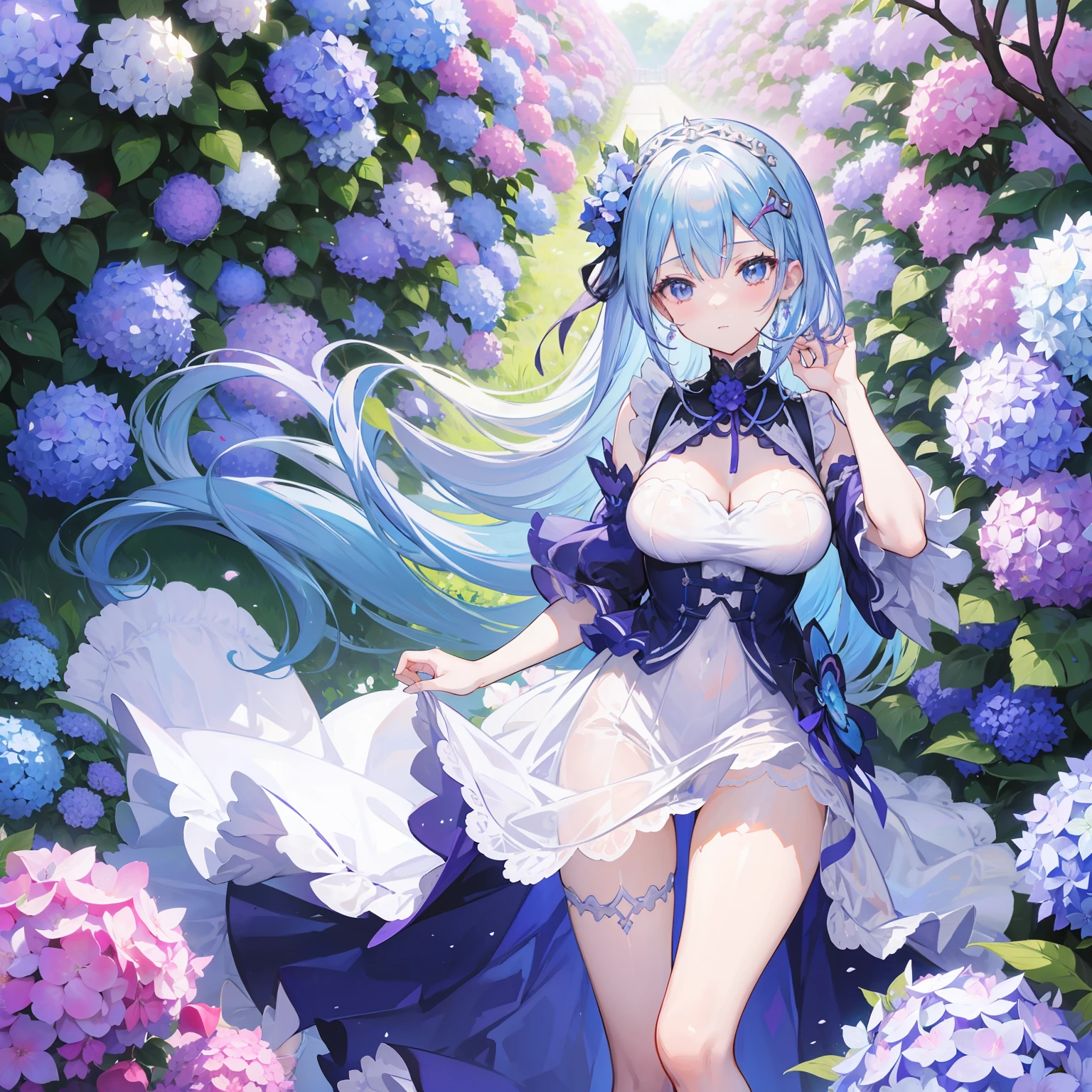 1 girl, Solo, hight resolution,Looking at Viewer, masutepiece,Best Quality, Extremely detailed, Perfect Lighting, , high-heels, Sunny, light tracing, Long hair, Detailed beautiful face, Looking at Viewer, , Wet, White Dress, See-through, thighs thighs thighs thighs,Anime girl with blue hair and purple dress standing in hydrangea flower field, a picture inspired by Pu Hua, trending on cg society, rokoko, atelier lulua, Stylized anime, from the azur lane videogame, rem rezero, a maid in a magical forest, Anime visuals of cute girls, anime stylized, Lori, deity of hydrangeas、Sunlight、a beauty girl、Beautiful eyes