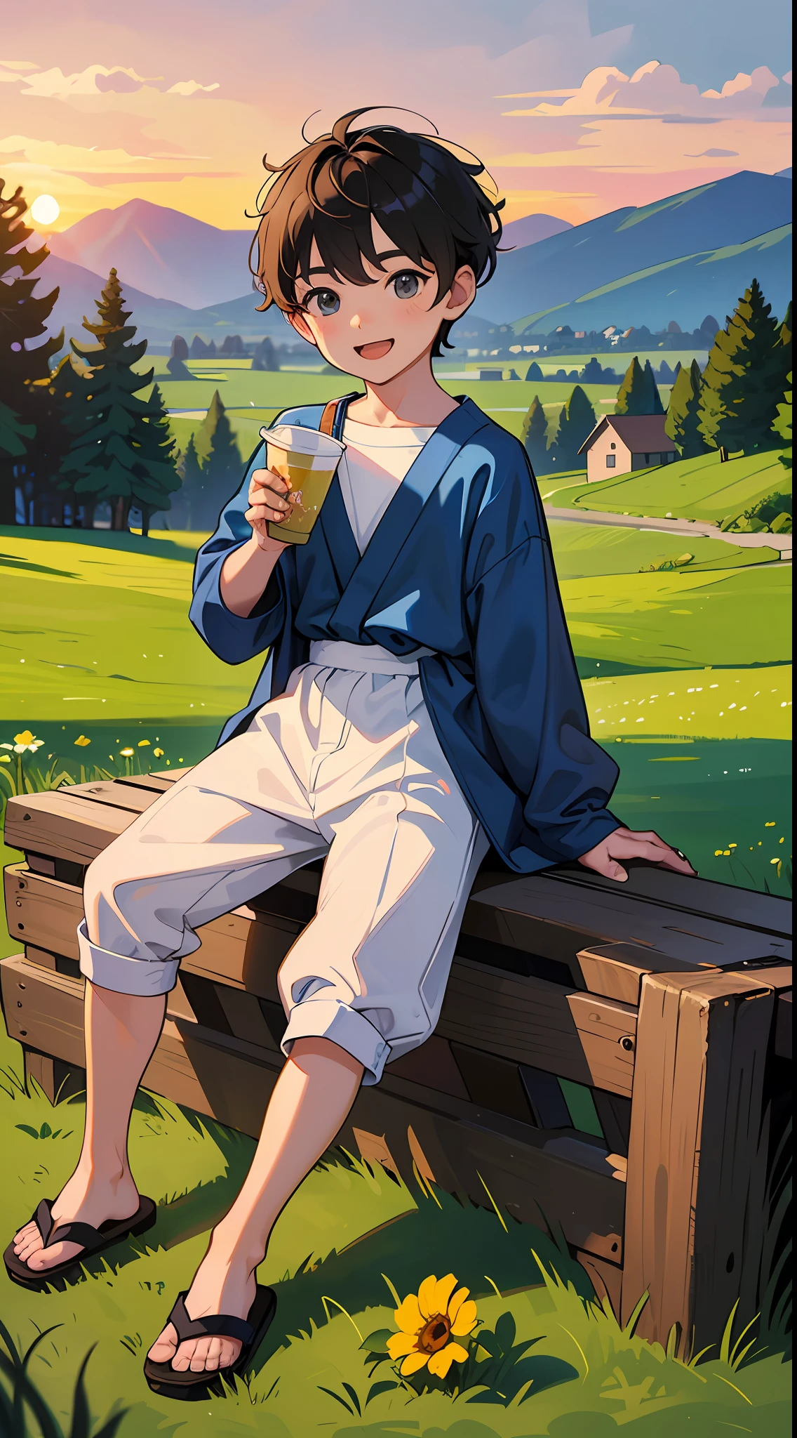 A happy **********，Dressed in casual attire，Wear slippers，Sit on the rocks of the meadow，The background is the village，There is a cute little dog next to it，Sunset and sunset，Boy drinking milk tea，Face the camera，Full body photo，Ultra-high definition