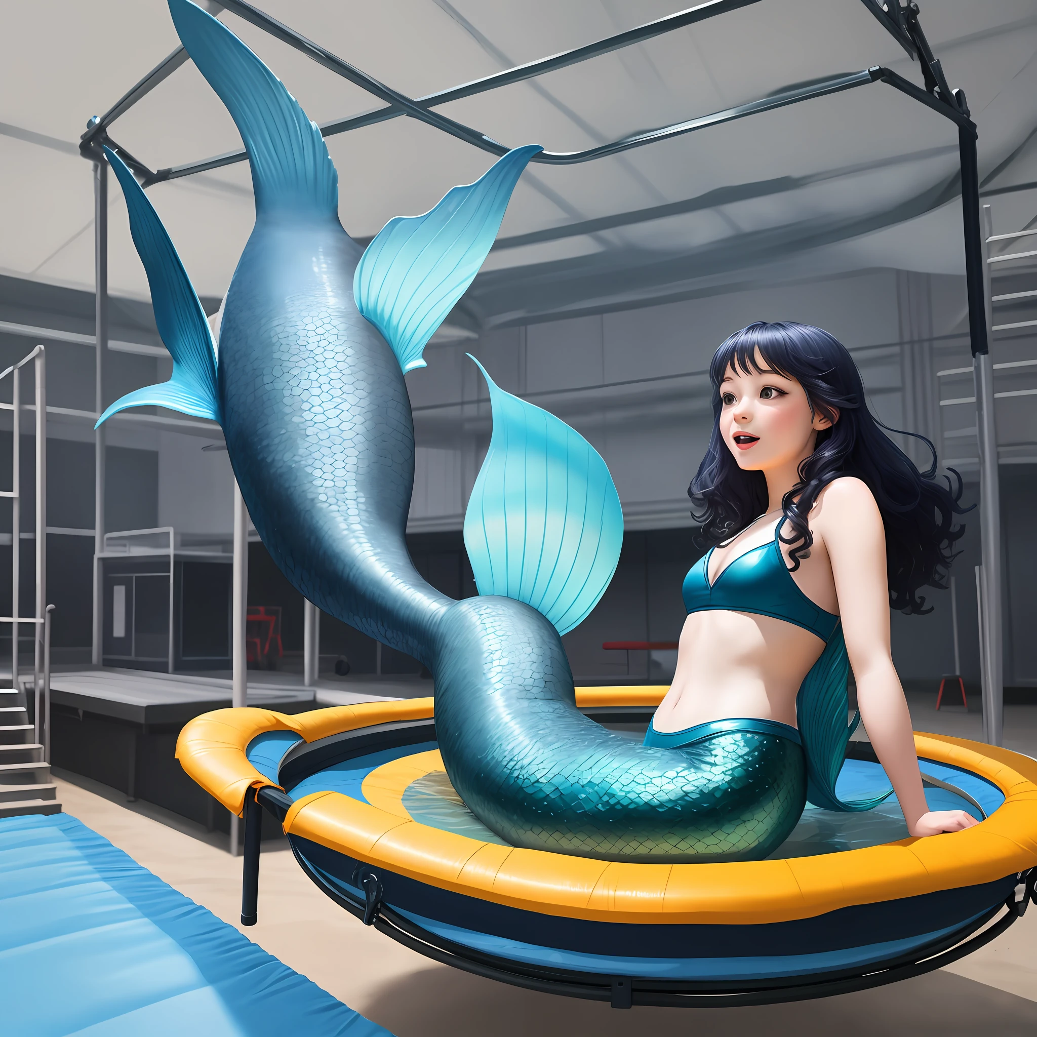 The mermaid is playing with a trampoline