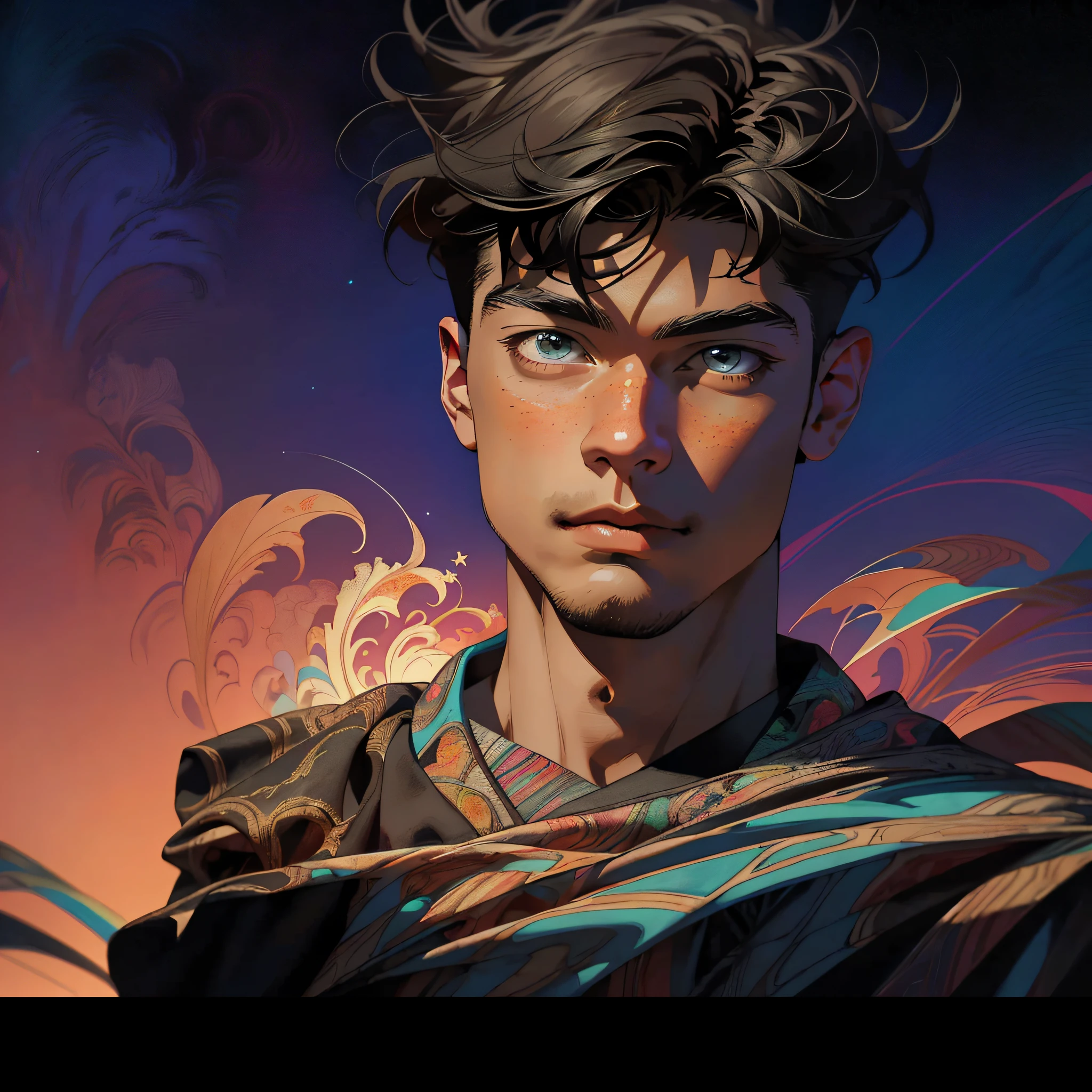 Realistic, (Masterpiece, Top Quality, Best Quality, Official Art, Beauty and Aesthetics: 1.2), Very Detailed, Fractal Art, Colorful, Most Detailed, Zentangle, (Abstract Background: 1.5) (1boy: 1.3), God, Black Hair, Short Hair, Pectoral Muscles, Abs, Mysterious, (Magic), Snowflake, Handsome Man