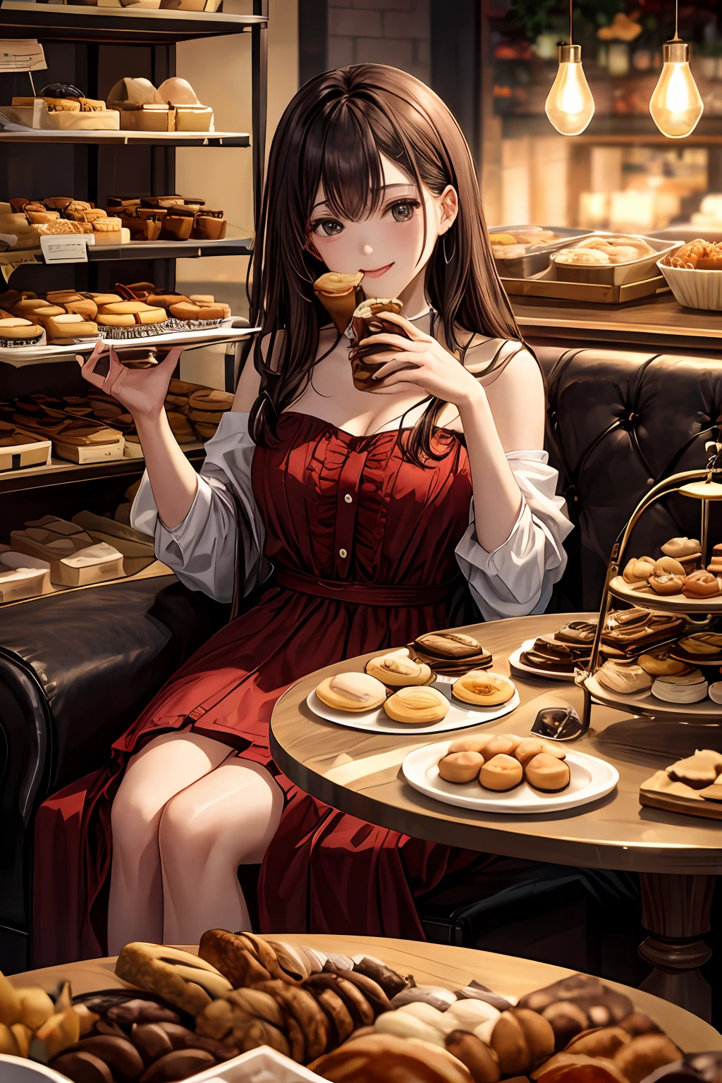 ultra-detailed, 1woman, single, solo, sweets, desserts, pastries, cookies, doughnuts, pastries, sweet treats, sugar, sugar rush, indulgence, pleasure, enjoyment, happiness, joy, contentment, satisfaction, fulfillment, comfort, relaxation, leisure, comfort food, comfort dessert, self-care, self-indulgence, self-love, self-care, pampering, self-treating, reward, celebration, special occasion, birthday, holiday, festive, festive season, Valentine's Day, Easter, Halloween, Thanksgiving, treat, gift, present, surprise, delight, indulgence, abundance, plenty, overindulgence, excess, extravagance, opulence, luxury, riches, wealth, comfort, cozy, warm, inviting, alluring, tempting, seductive, irresistible, mouthwatering, delicious, appetizing, flavors, textures, aromas, scents, fragrances, smells, senses, sensory overload, bliss, euphoria, (brown hair:1.1), Pastry shop, illustration, masterpiece, best quality