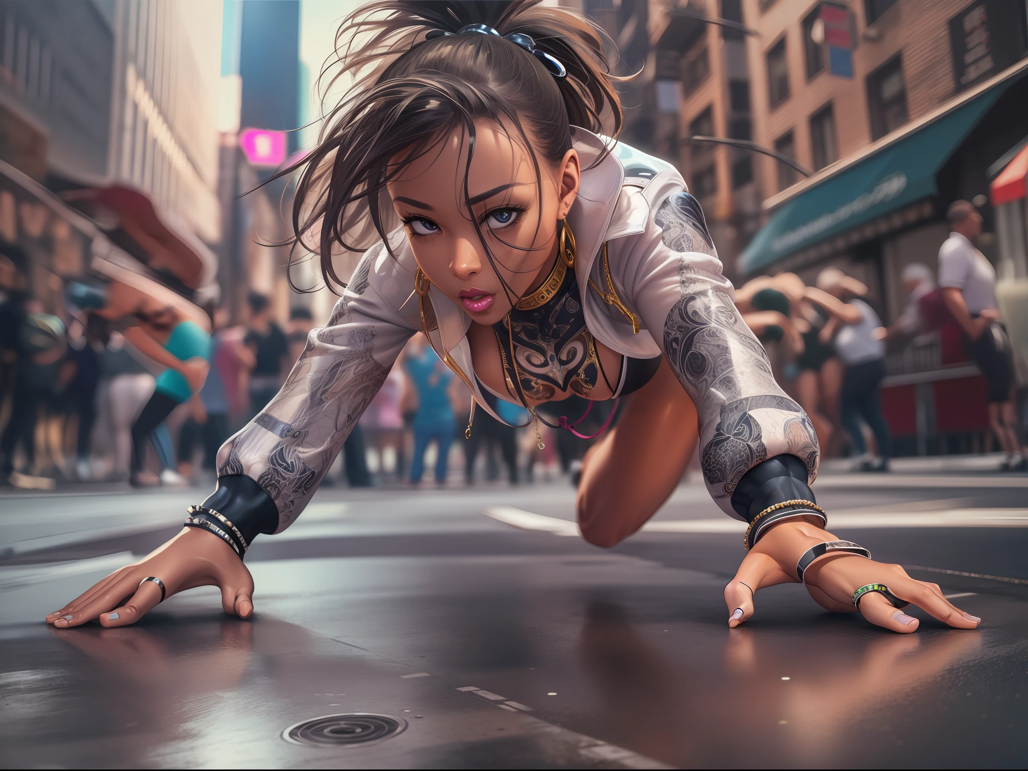 Breakdancing Girl, two arms, two legs, NewYork City Street, Hiphop outfit, highly detailed photo realistic, ultra sharp focus, ultra high quality, vibrant, (shiny skin:1.4), shiny lips, symmetrical detailed face, realistic body, toned, sexy, masterpiece