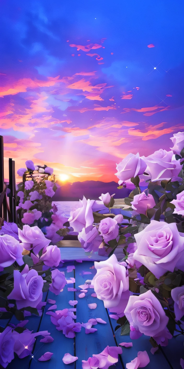 Purple roses bloom on the wooden deck before sunset, floral sunset, beatiful background, anime beautiful peace scene, Beautiful wallpaper, Magnificent background, Beautiful and aesthetic, beautiful iphone wallpaper, 🌺 CGSesociety, amazing wallpapers, beautiful digital art, beautiful dreamy breathtaking, Beautiful background, gorgeous romantic sunset, Landscape wallpaper aesthetics, warm beautiful scene, beautiful gorgeous digital art