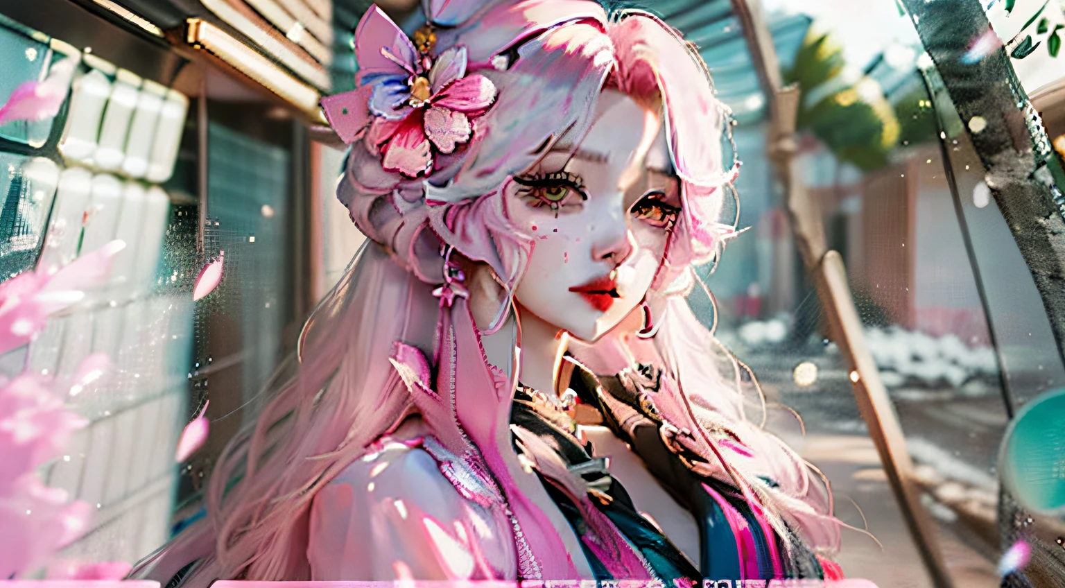 Anime Girl with long pink hair and white face and black eyes, Ayaka Genshin impact, artistic renderings of Reimu Hakurei, onmyoji portrait, ayaka game genshin impact, anime moe art style, shalltear bloodfallen, A scene from the《azur lane》videogame, reimu hakurei, dreamy psychedelic anime, Detailed digital anime art.