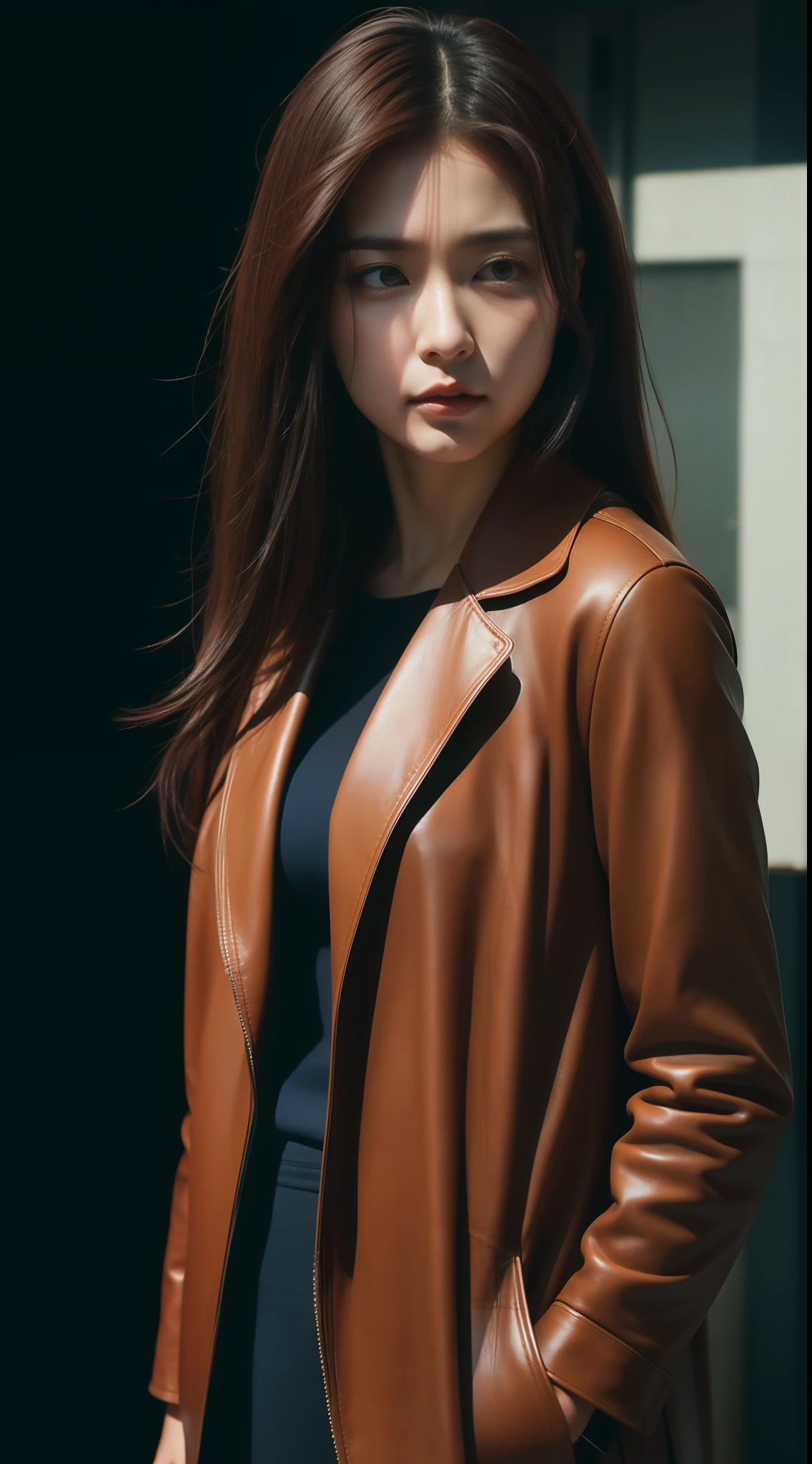 realistic photos of (1 cute Korean star) flipped hair, thin makeup, 32 inch breasts size, wearing brown leather suit, walking on the ground, caustics, anaglyph, vanishing point, upper body portrait, UHD