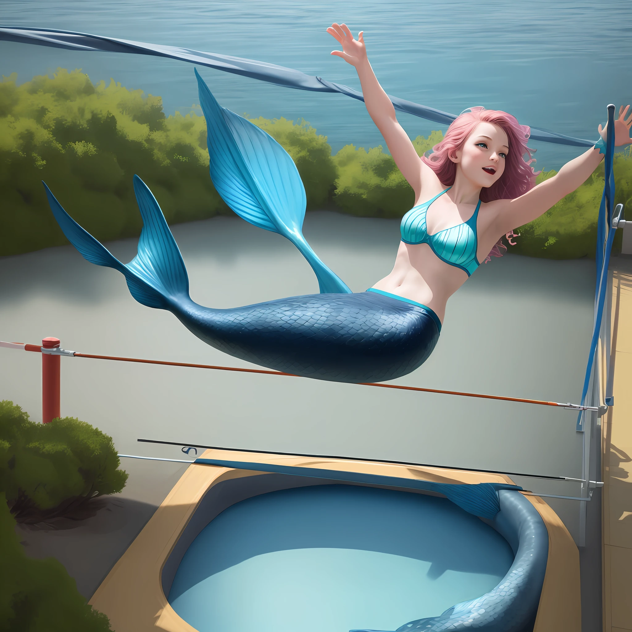 The mermaid is playing with a trampoline