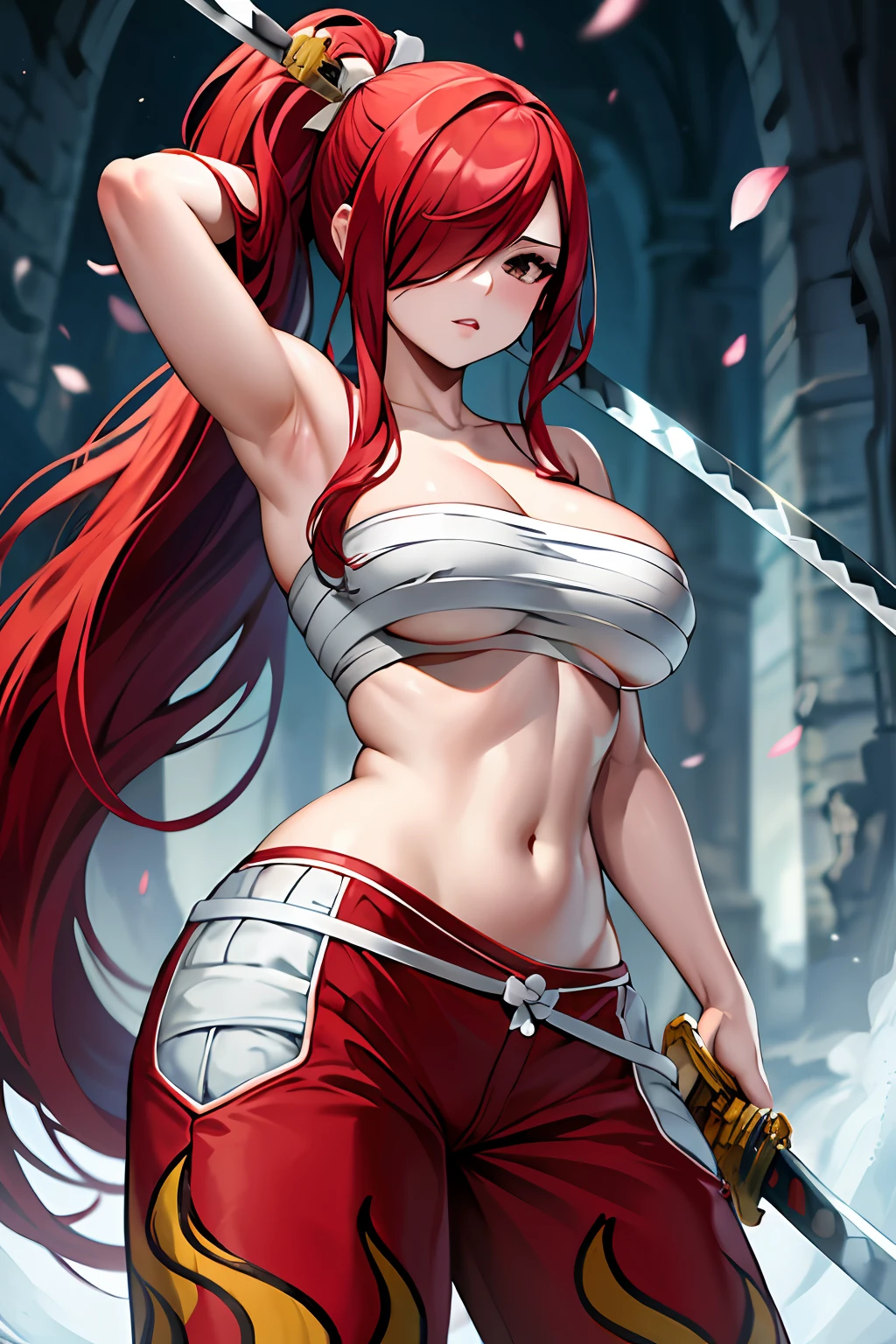 masterpiece, best quality, highres, fairy tail, 1girl, long hair, red hair, ponytail, white ribbon, hair over one eye, brown eyes, large breasts, collarbone, chest sarashi, bandage, bare arms, midriff, red hakama, red pants, standing, holding weapon, sword, katana, outdoors,