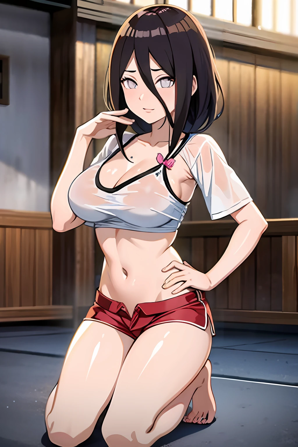 tmasterpiece, hoang lap , (Complicated details), (rich colourful), 电影灯光, the Extremely Detailed CG Unity 8K Wallpapers , Hinata flower proportions, 1girll, 独奏,(sea beach,Wear ultra-shorts,Extra short T-shirt,Wet clothes,Play volleyball,Kneeling,Bigboobs, Low hair tied long),perspire,
