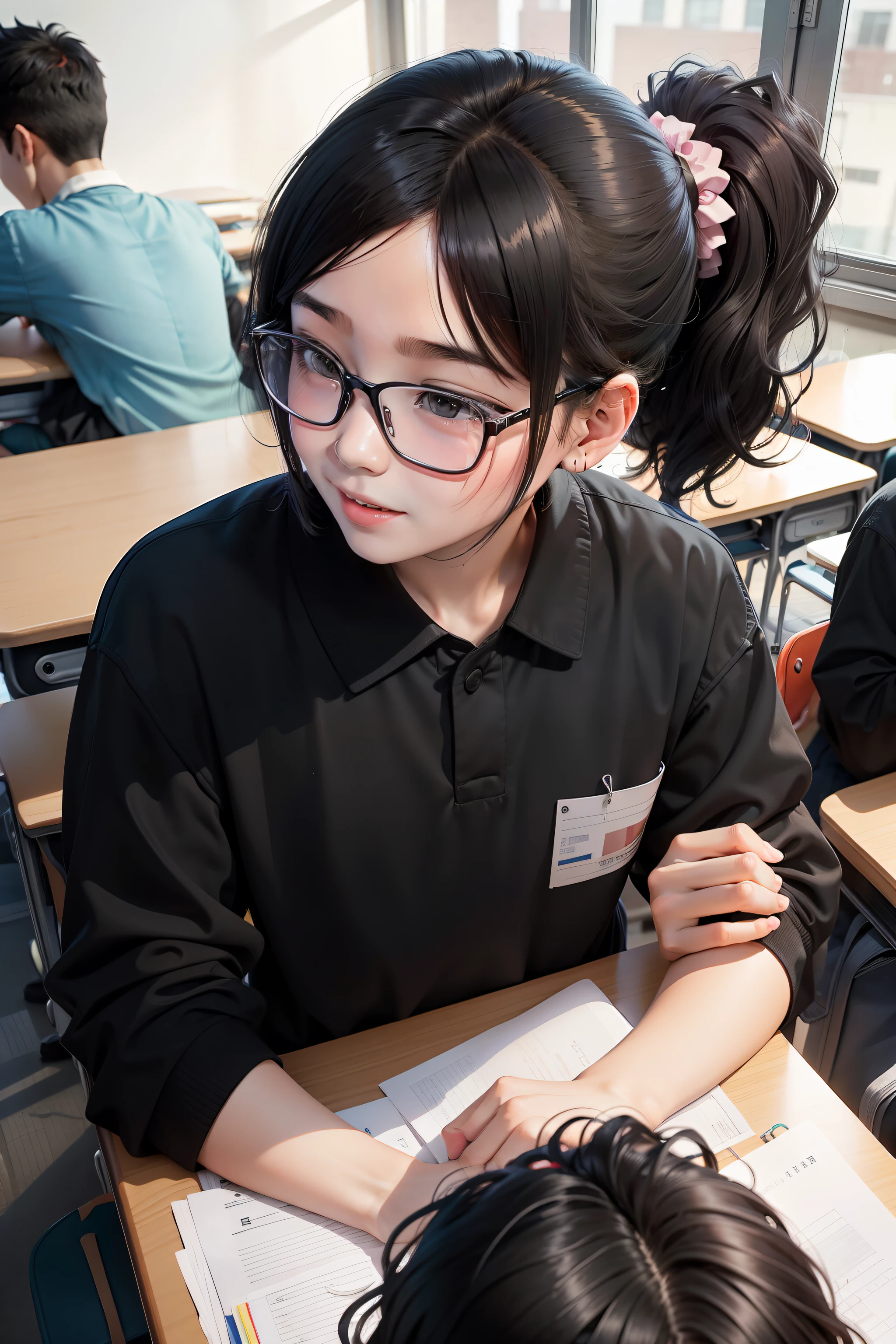 High school students piled on desks, In the classroom, A man and a woman are playing，Playing with the, Both boys and girls wear glasses, The girl laughed Chinese with a high black ponytail, The boy Chinese short black hair, A slightly longer and spoiled smile, The two glanced sideways slightly。