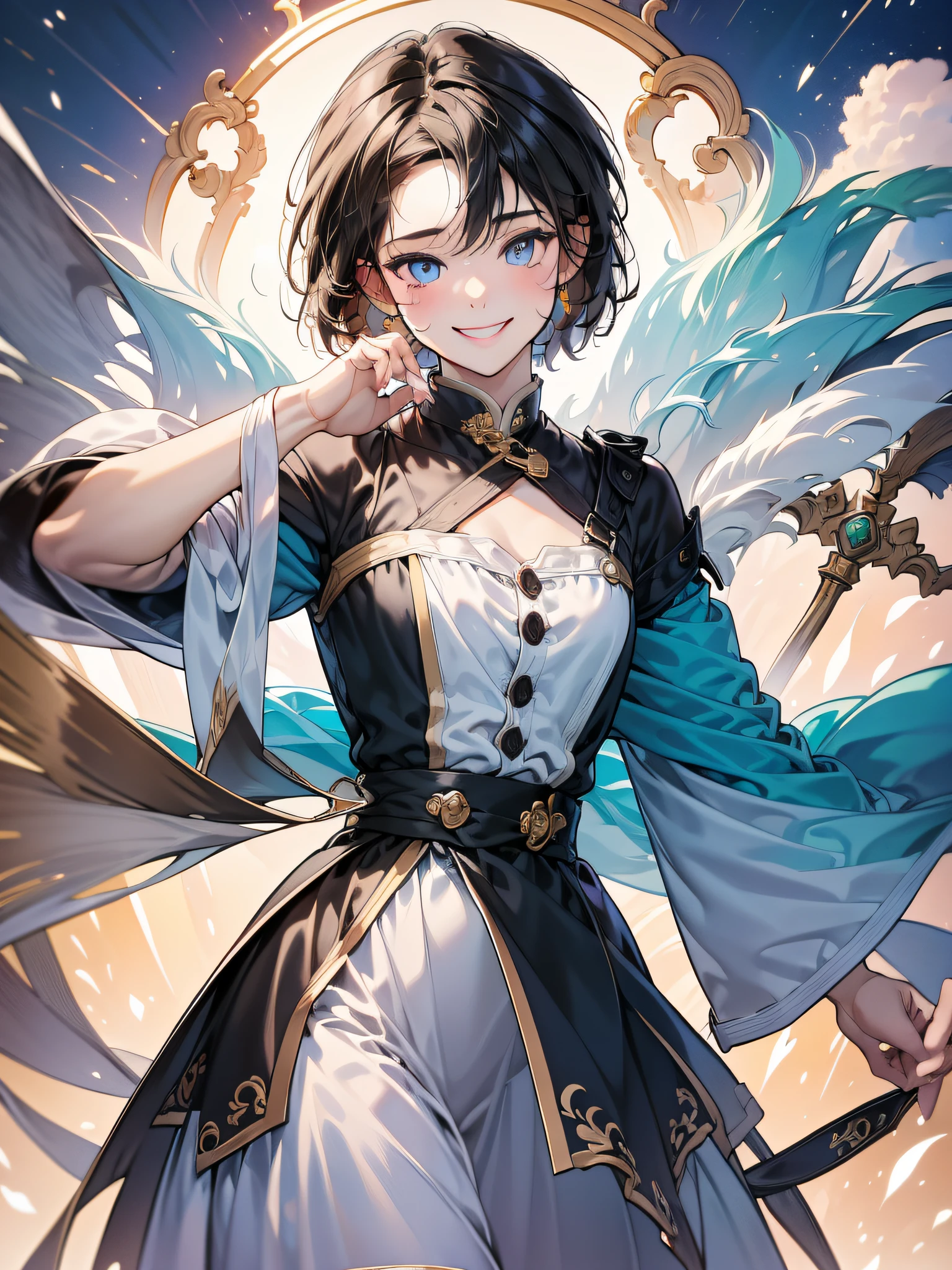in 8K、top-quality、masterpiece:1.2)、1人の女性、(Smiling smile:1.1)、beautidful eyes、Valley、The upper part of the body、length hair、Like a boy、poneyTail、Yellow view、