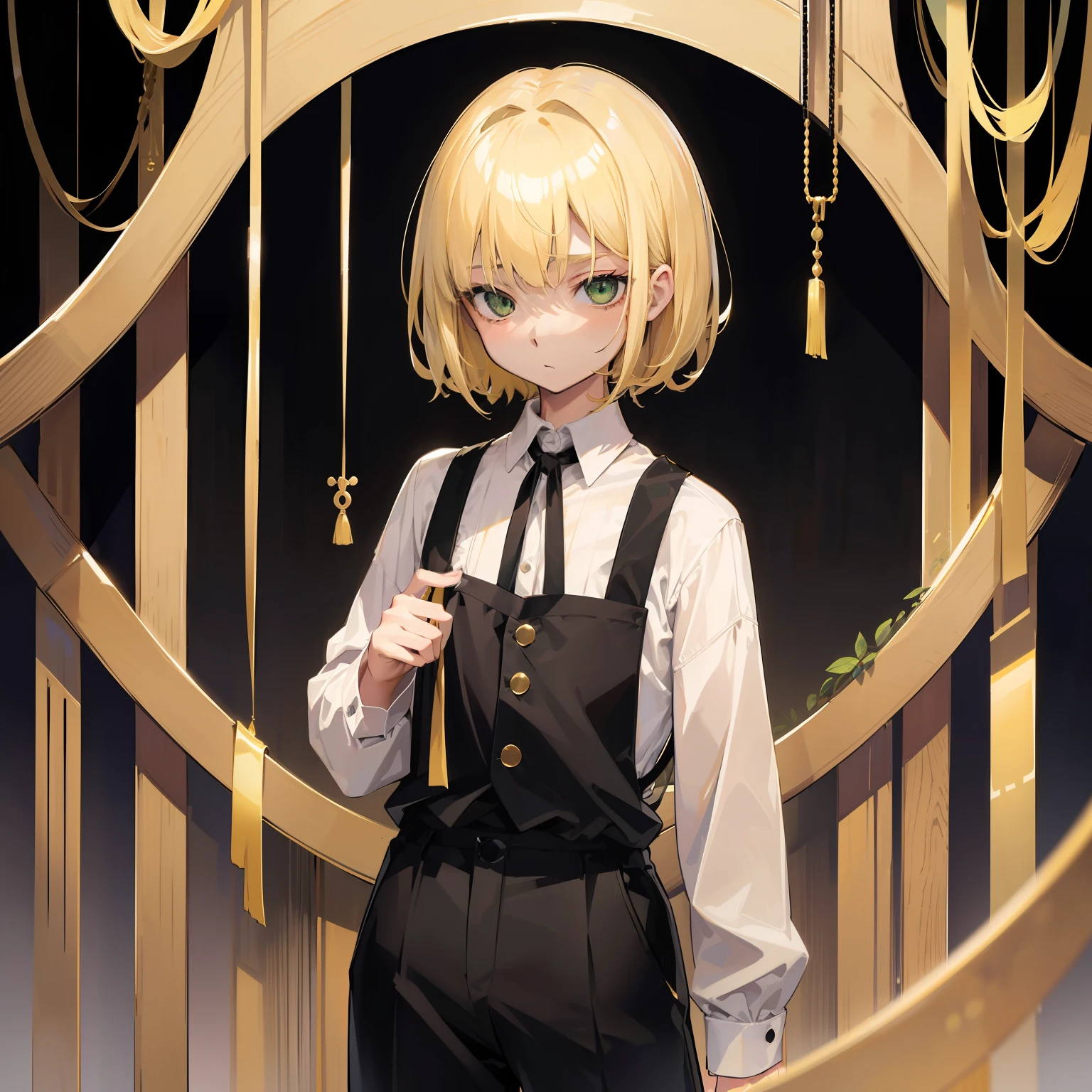 10 to 、neuter、Thin blonde hair、Short Wolf Cut、Hanging eyes、pale green eyes、deadpan、Black suspender shirt、Black shorts、Gold decoration on clothes、Holding nothing in your hands、Yokan