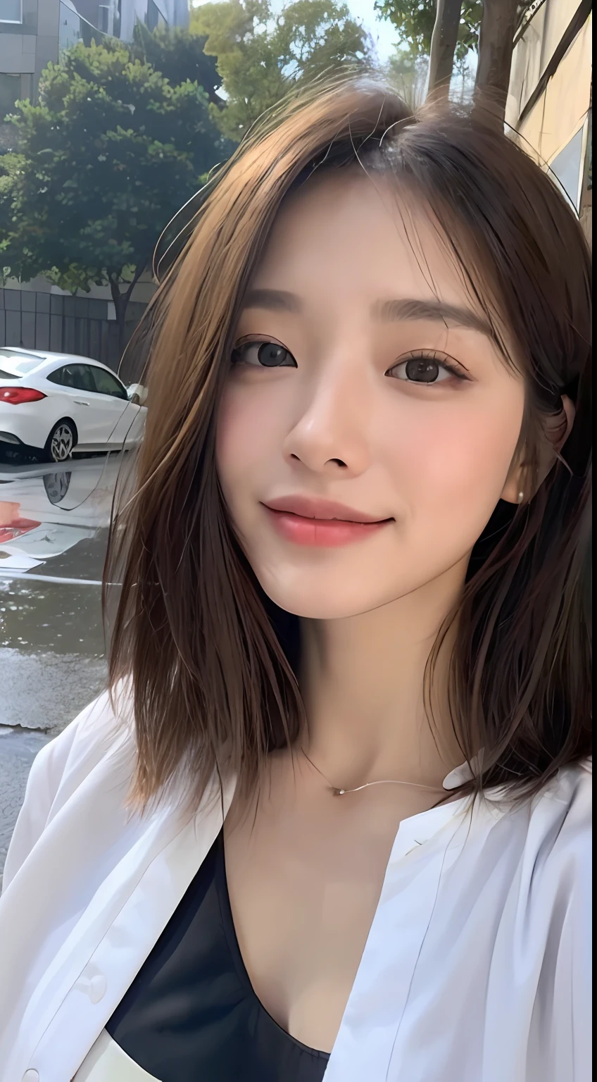 ((best qualtiy, 8K, tmasterpiece:1.3)), Focus:1.2, perfect figure beautiful woman:1.4,, ((Cut hair in layers, Beautiful breasts:1.2)),(rain, street:1.3)，Highly detailed facial and skin texture, A detailed eye, 二重まぶた，Whiten skin，long whitr hair，ssmile