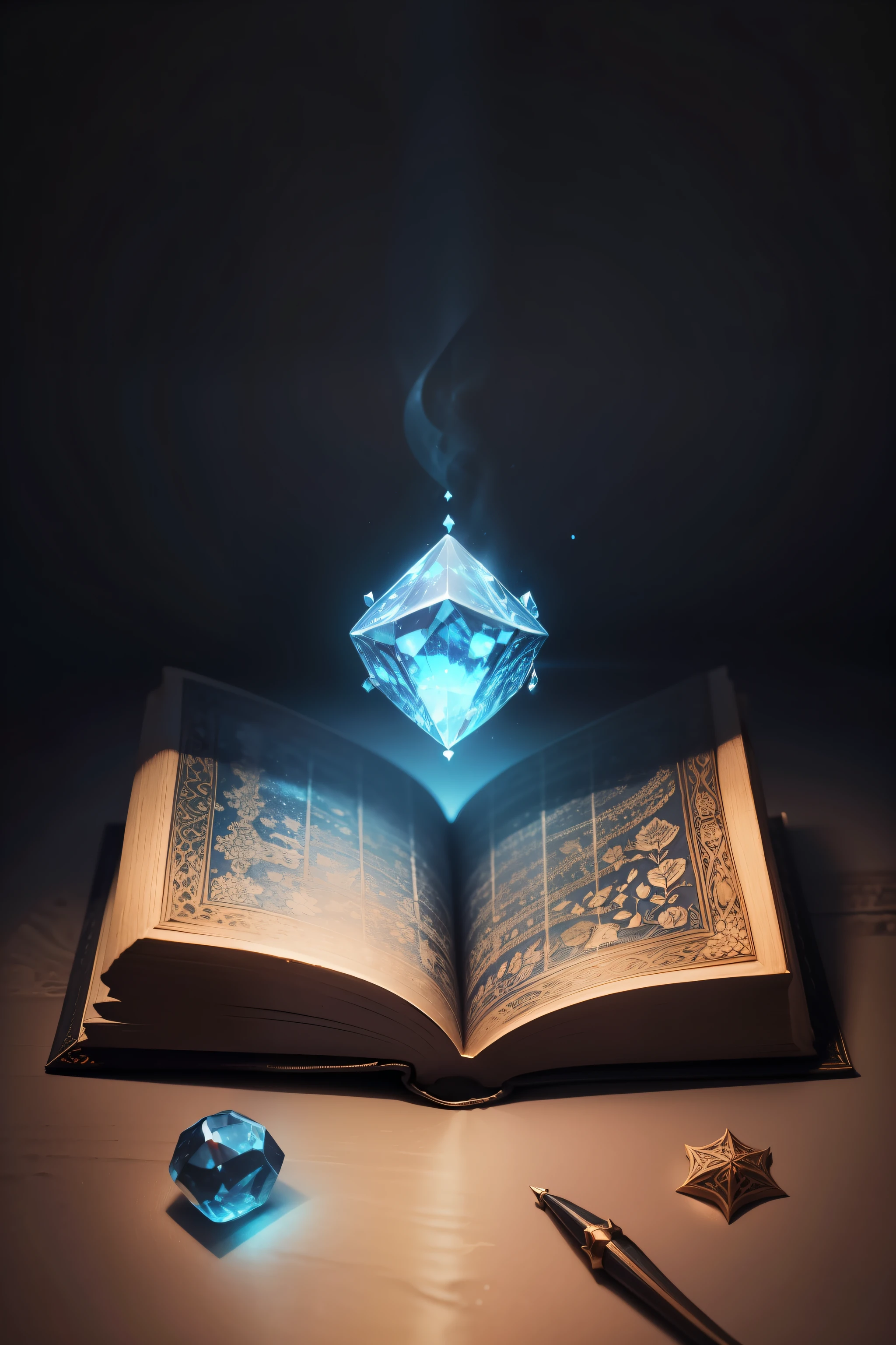 In a dark and sealed room,On the table was a very old magic book,The book is carved with intricate patterns and various reliefs,Set with some precious stones,It emits a faint blue light,vellum,Sense of age,magia,Dark style,extreme hight detail,3D