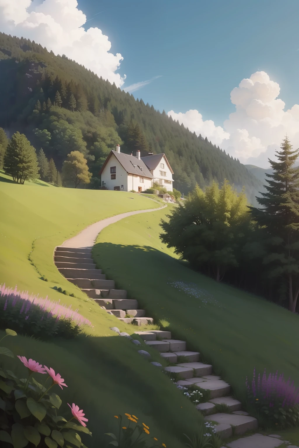 Half of it is hillside,Half is white clouds,There is a small house on the hillside,Lots of small flowers on the hillside,There is a path in front of the cottage