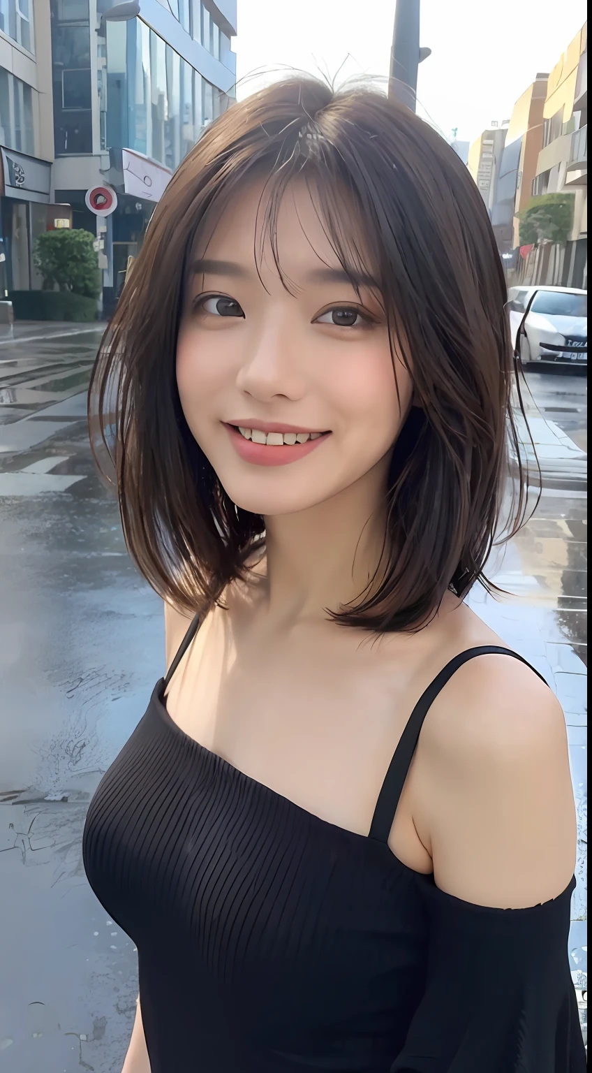 ((best qualtiy, 8K, tmasterpiece:1.3)), Focus:1.2, perfect figure beautiful woman:1.4,, ((Cut hair in layers, Beautiful breasts:1.2)),(rain, street:1.3),Highly detailed facial and skin texture, A detailed eye, 二重まぶた,Whiten skin,long whitr hair,ssmile