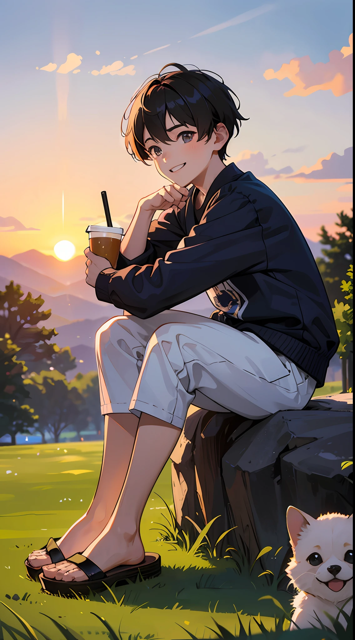 A happy boy,Dressed in casual attire,Wear slippers,Sit on the rocks of the meadow,The background is the village,There is a cute little dog next to it,Sunset and sunset,Boy drinking milk tea,Face the camera,Full body photo,Ultra-high definition