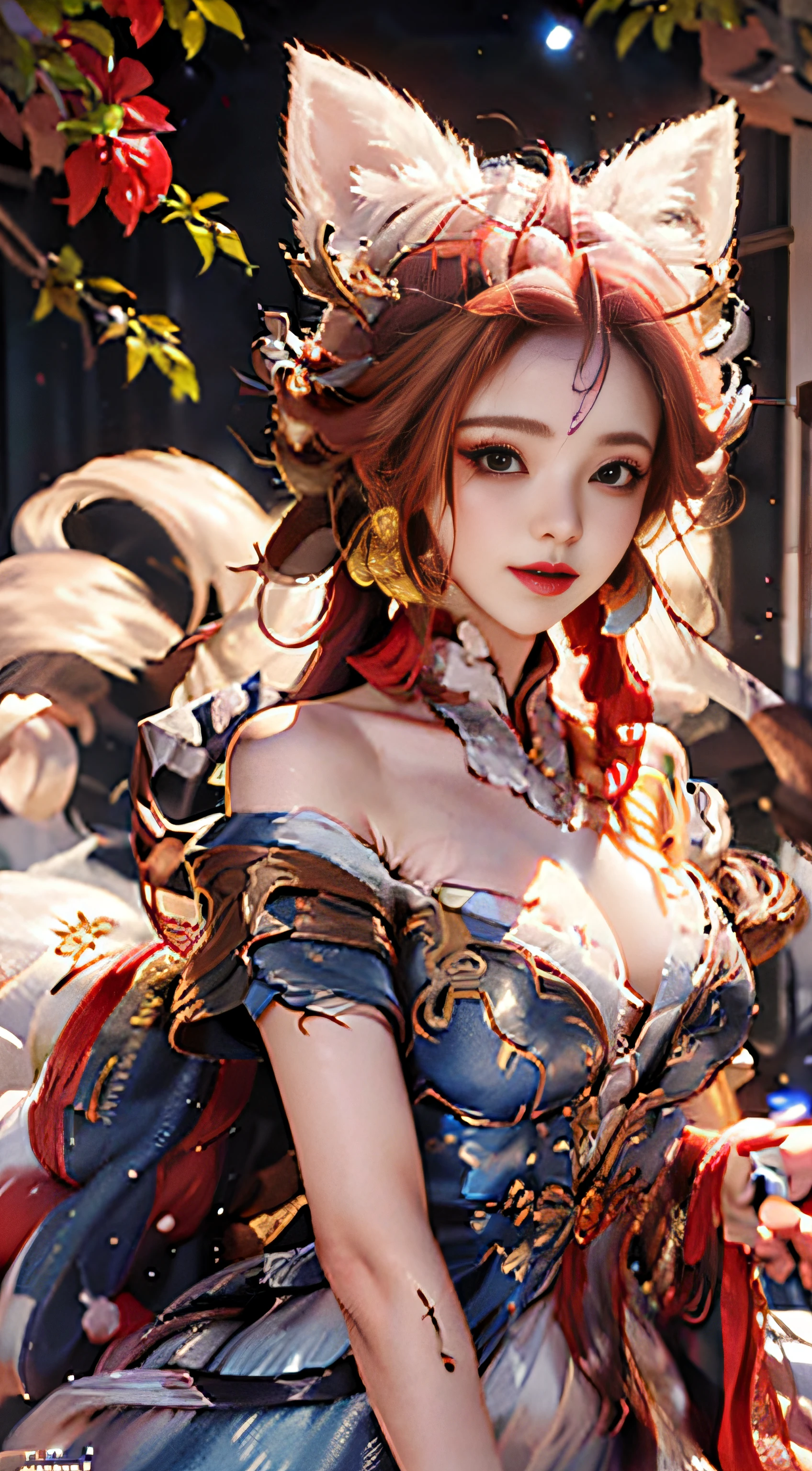 Masterpiece, Top Quality, Best Quality, Extreme Detail, Highest Detail, Official Art, Beauty and Aesthetics: 1.2), Colorful, Denim Lens, Upper Body Shot, Beautiful Face, Perfect Body, Superb Body, Masterpiece, High Resolution, (Exquisite Body: 2.0), Stunning Beauty, (Milky Skin: 1.5), Exquisite Details, High Resolution, Wallpaper, 1 Female, Solo, Dress, (((Golden Red Dress)) ), Long white hair, fox tail, Charming smile, gorgeous accessories, Short sleeves, , Big eyes, Fluttering Hair, Hanfu,, Embroidery, Long Dress, Feminine Pose, Falling Petals, Kong Ming Lantern, 16K, HDR, High Resolution, Depth of Field, (Film Grave: 1.1), Bocon (Lens Glow), Vignette, Rainbow, (Color Grading: 1.5) ((Watercolor by John Berkey and Jeremy Memman)) Brush Strokes