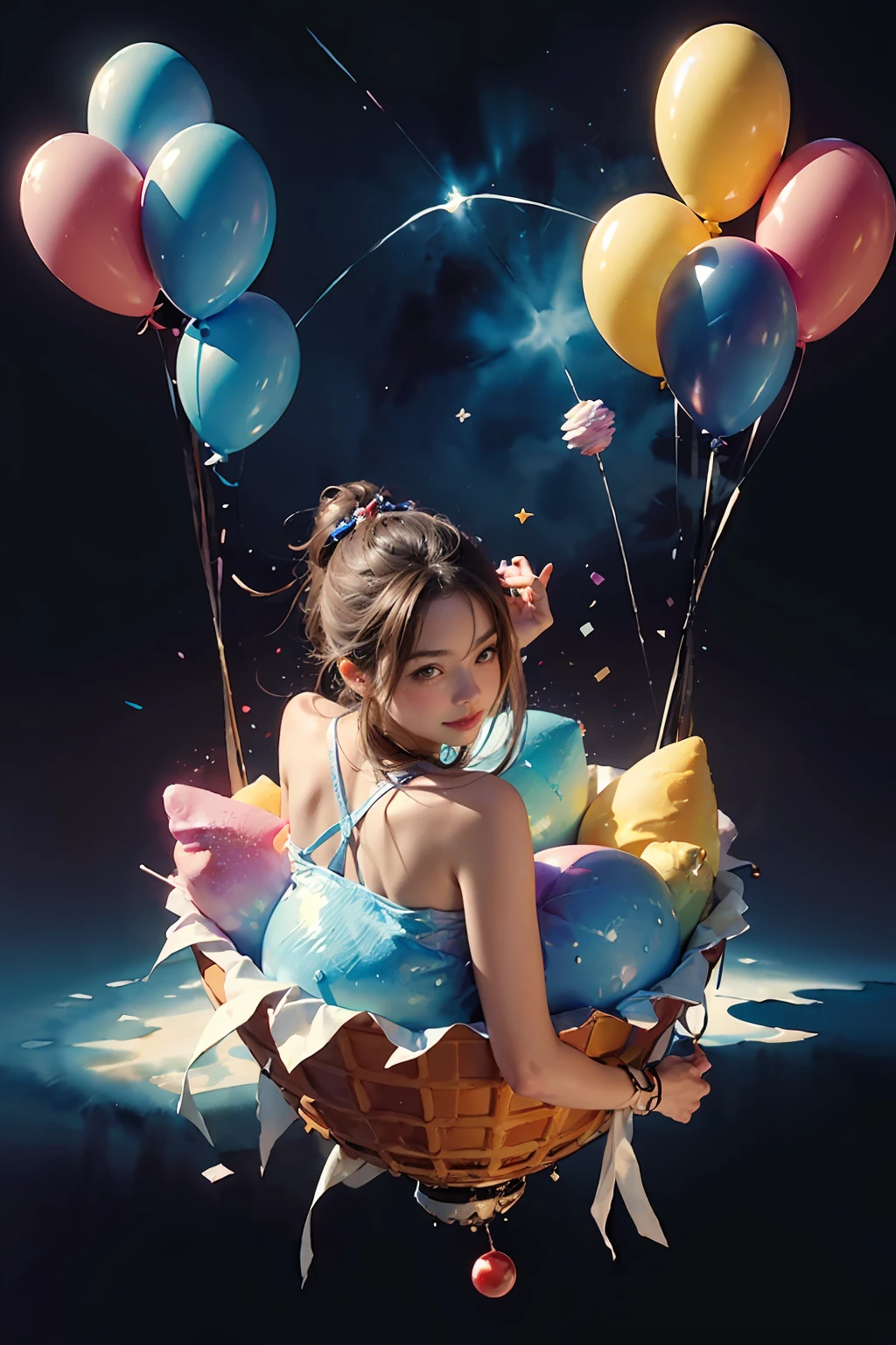 A girl sitting on a giant ice cream, which is adorned with vibrant colors, delightful frosting, and rainbow sprinkles. She holds an oversized waffle cone,shimmering candies. Floating around her are some small balloons, each tied to a petite candy. The scene is filled with sweetness and joy, showcasing the girl's happiness and the enchanting fusion of her imagination and a fantastical world,fantasy, high contrast, ink strokes, explosions, over exposure, purple and red tone impression , abstract, ((watercolor painting by John Berkey and Jeremy Mann )) brush strokes, negative space,