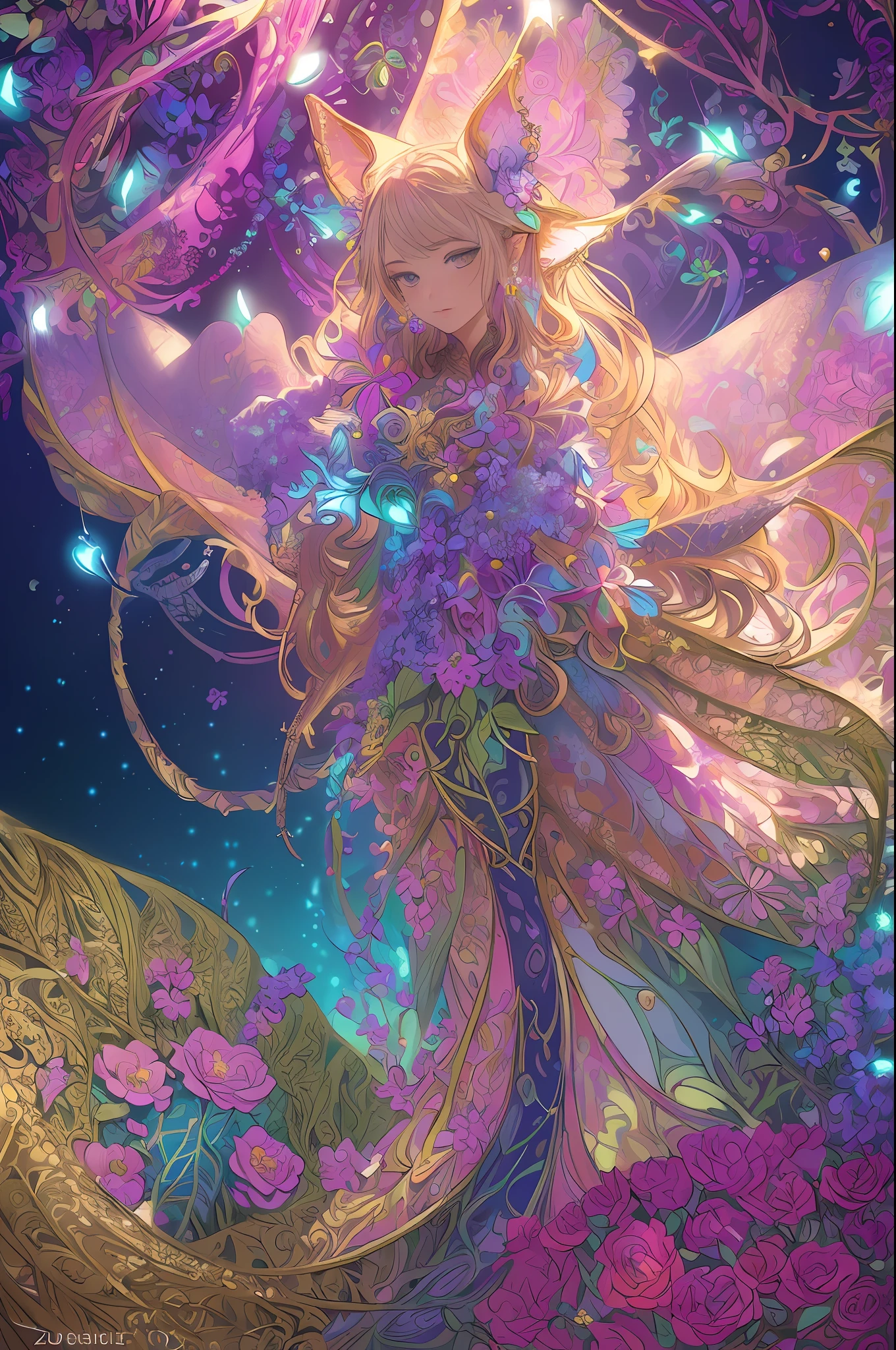 (masterpiece,beautiful and aesthetic:1.2), (1girl:1.3), extremely detailed,(fractal art:1.1),(colorful:1.1)(flowers:1.3),highest detailed,(zentangle:1.2), (dynamic pose), (abstract background:1.3), (shiny skin), (many colors:1.4),(earrings), (tail of light :1.5),ivy frame,