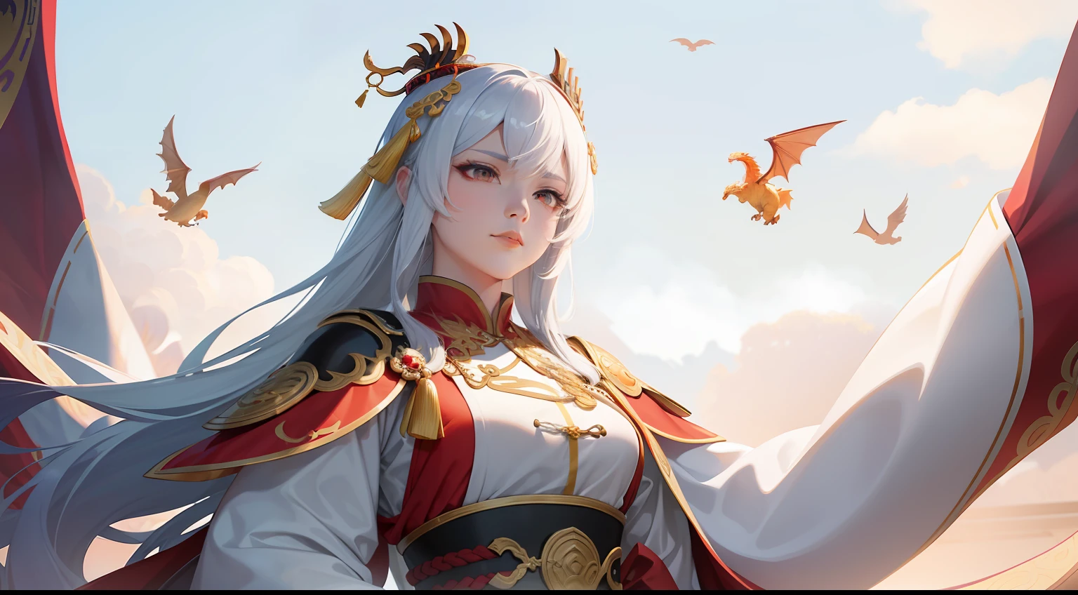 A female emperor, ancient Chinese imperial robe, majestic domineering, dragon flying phoenix dance, sunshine, clear face, clean white background, masterpiece, super detail, epic composition, ultra hd, high quality, extremely detailed, official art, uniform 8k wallpaper, super detail, 32k -- v 6