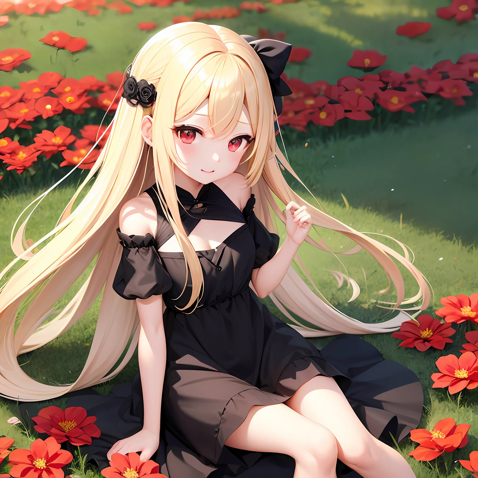 long blonde hair、red eyes、One pretty girl、独奏、animesque、off shoulders、Black dress、flower  field