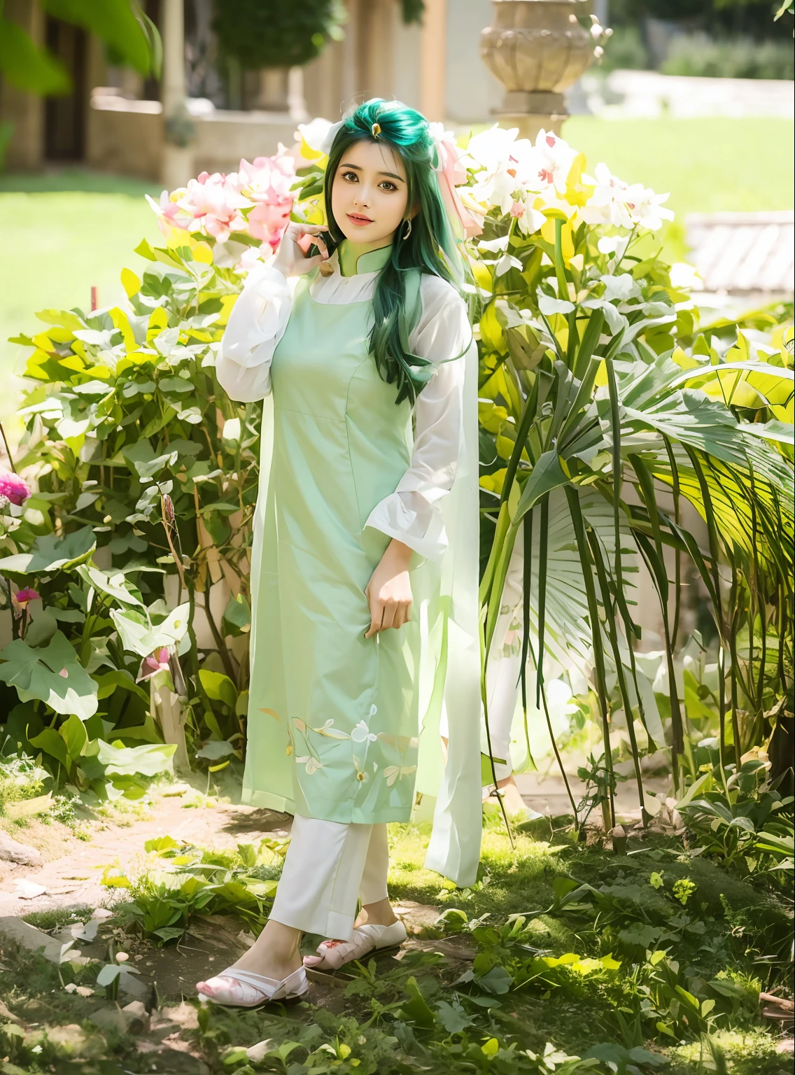 a close up of a woman in a green dress standing in a garden, inspired by Ambreen Butt, * colour splash *, with beautiful colors, feminine in cute pastel shades, painted pale yellow and green, by Riza Abbasi, pastel green, green and yellow tones, pale green glow, wearing a silk kurta, dreamy, sea - green and white clothes, realistic face, detailed face, restore same face