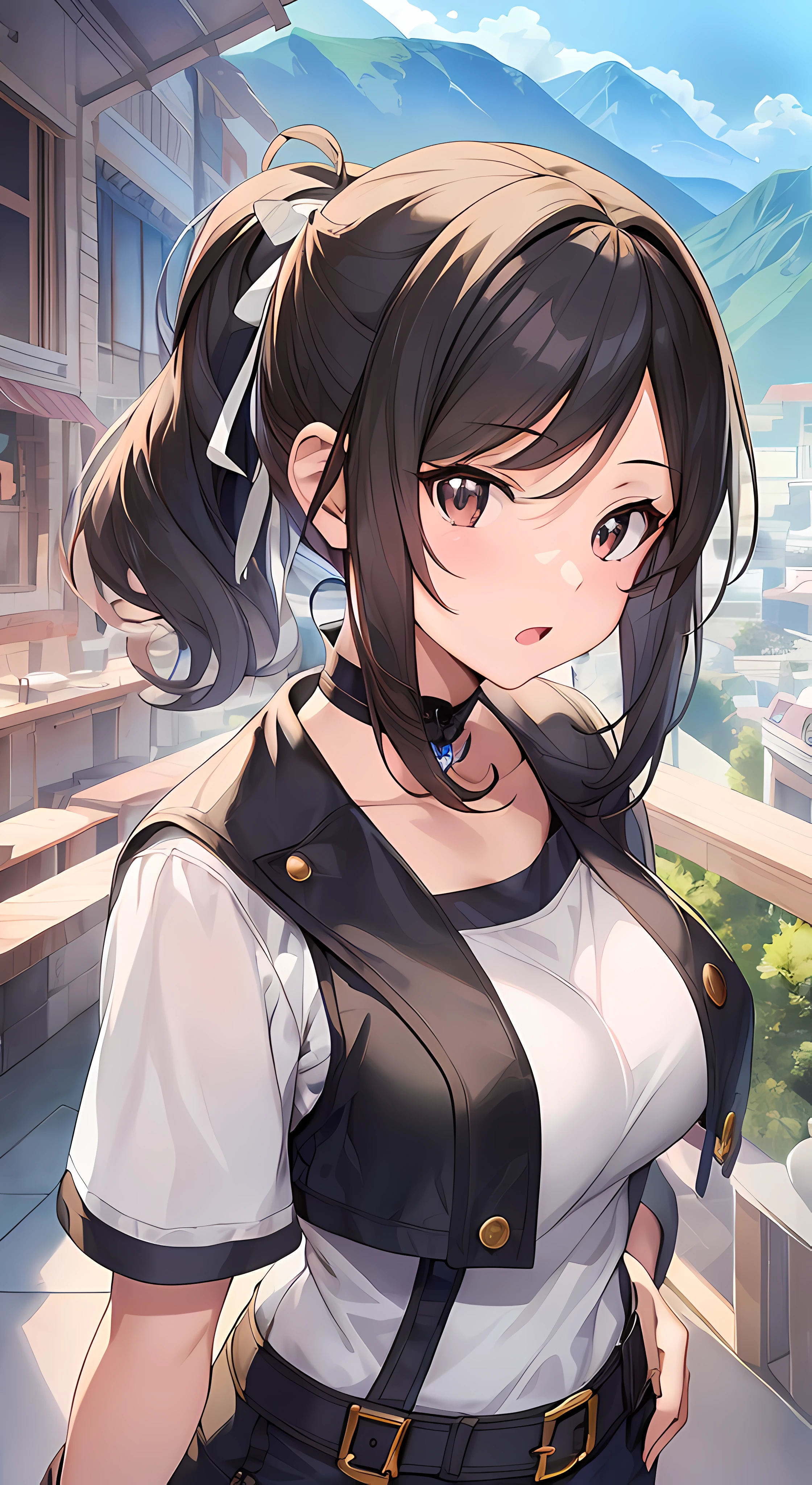 Anime girl with ponytail hair standing on balcony overlooking city, anime moe art style, detailed portrait of an anime girl, Portrait Anime Girl, Anime visuals of cute girls, Kantai Collection Style, charming anime girls, Portrait of an anime girl, Smooth Anime CG Art, Fine details. girls' frontline, portrait of anime girl, portrait of cute anime girlbabes, very detailed Artgerm
