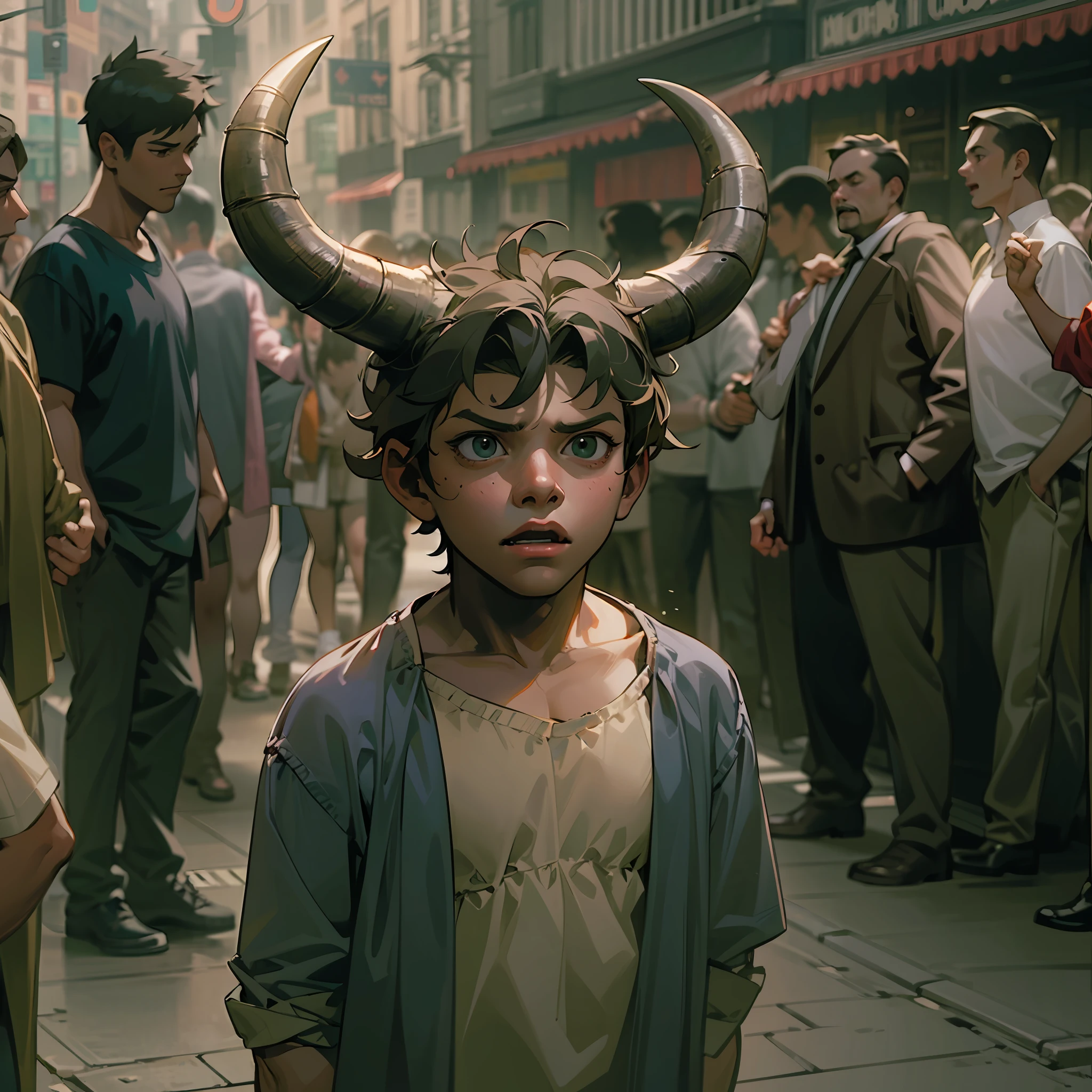 Masterpiece, the best quality. A young boy suddenly transformed into a minotaur, staring in astonishment at his new appearance, with radiant horns on his head. The people around him were all stunned, cars on the street came to a halt, pedestrians pointed and whispered in hushed tones. The movie scene was captured with complex and scattered focus