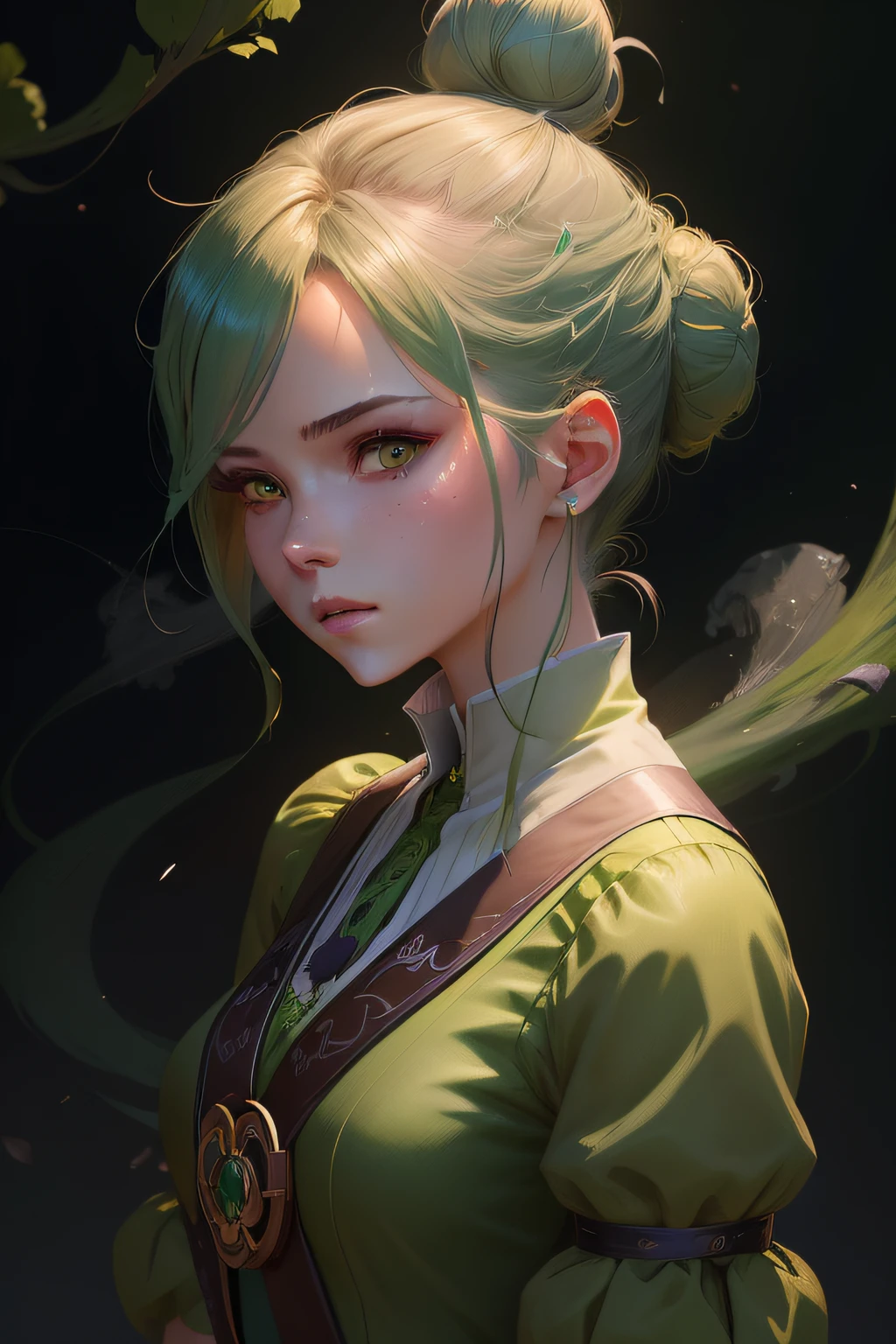 There is a hair tied in a bun,Woman in green dress, Loish et WLOP, Guviz-style artwork, Stunning character art, Ross Tran 8 K, cgsociety portrait, Deviantart ArtStation CGSCOSIETY, Beautiful character painting, 4k highly detailed digital art, stunning digital illustration, Detailed digital anime art