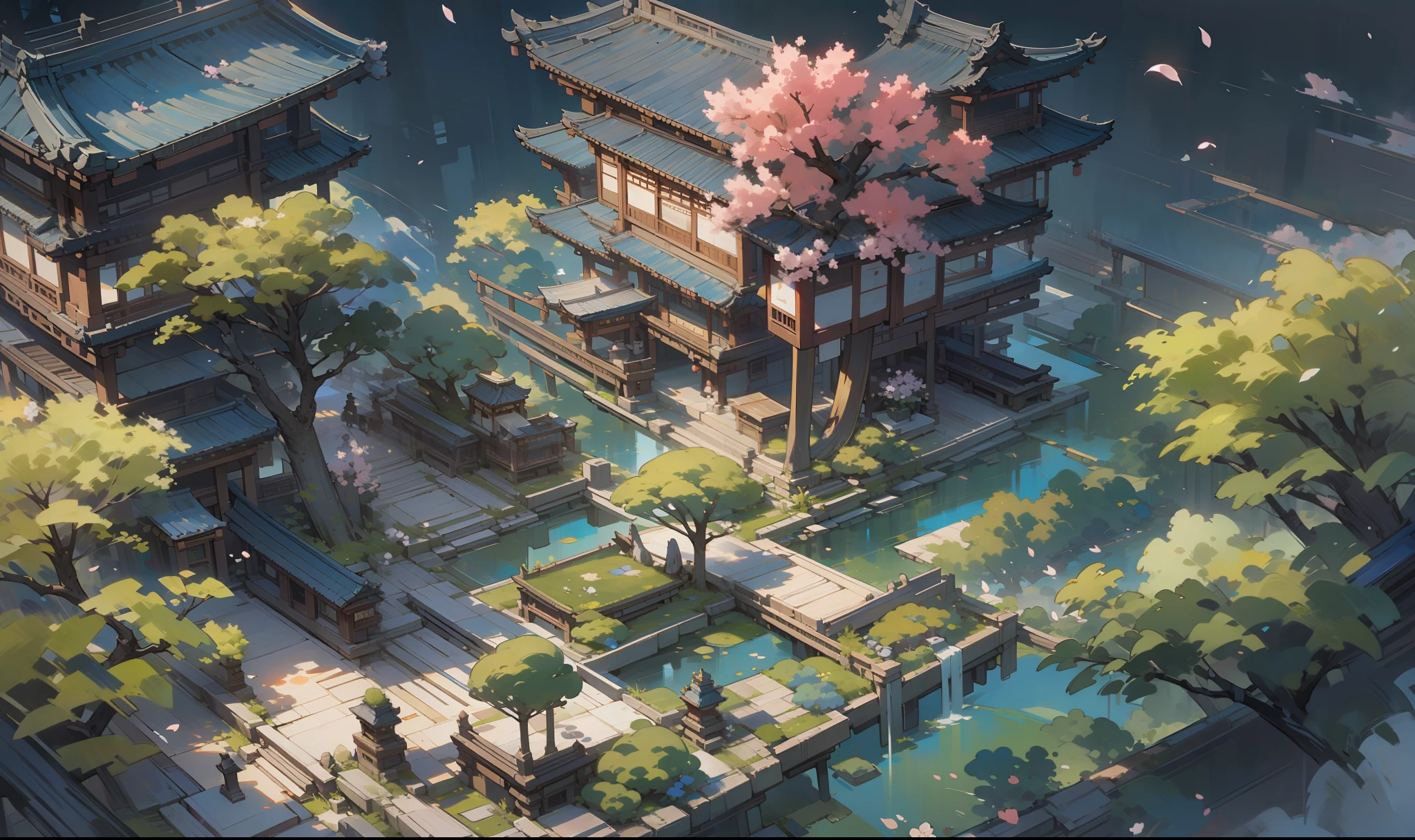 (Microlandscape:1.8,Faraway view,High viewing angle lens),((best qualtiy)),tmasterpiece,Hyper-detailing,best qualityer,8K,Antique game scene design,View of Gangnam Town,Streets crisscross the streets,big trees,florals,Flowers in the bushes,Trees bloom,Sakura architecture,Antique carved door beams,naturey,scenecy,exteriors,In the daytime,Skysky,blue-sky,(Very detailed CG unified 8k wallpaper),Ray traching