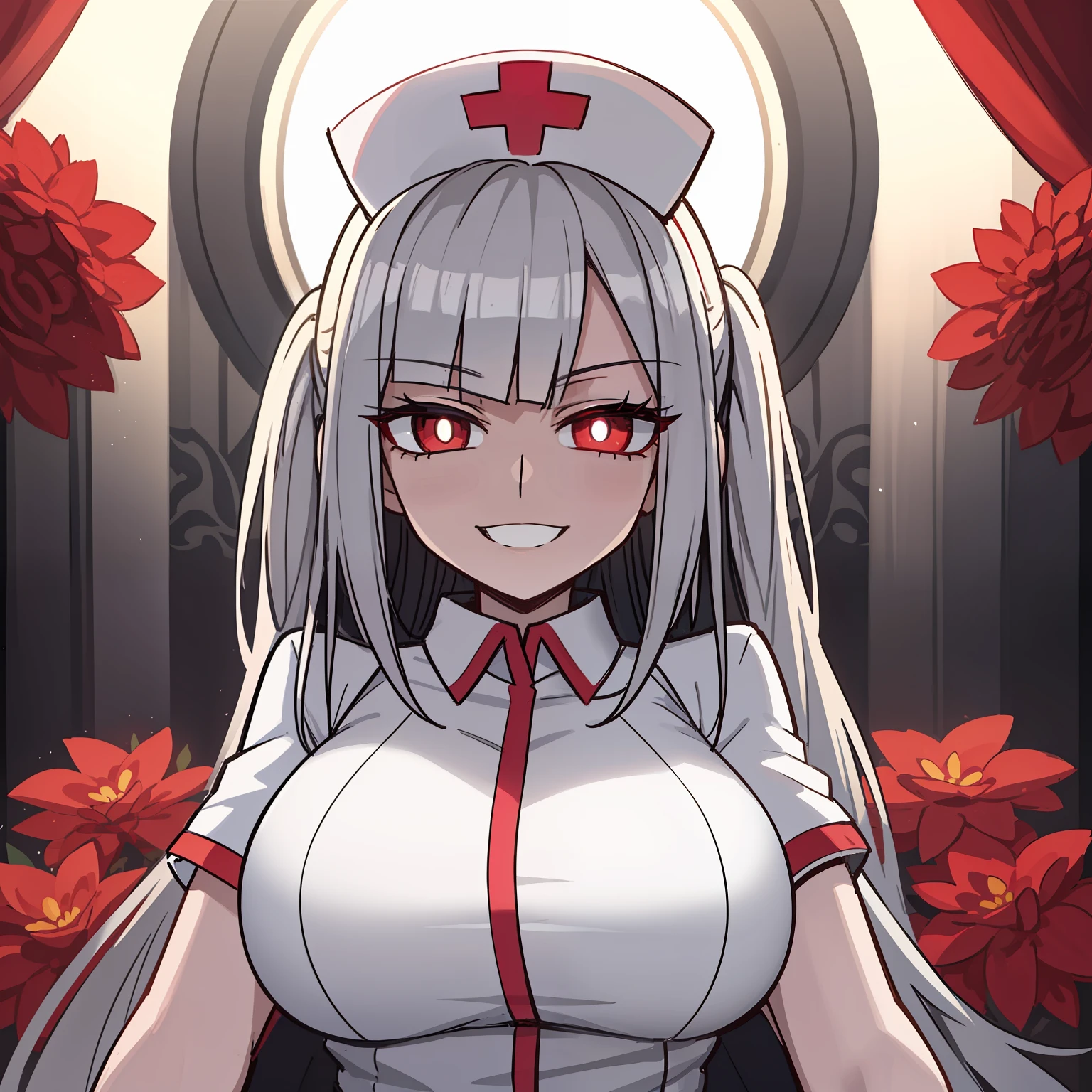 2D, tmasterpiece, Better quality, anime big breast, highly detailed eye, Very delicate face, white backgrounid, lighting perfect, Evil female nurse, flower shaped pupils, Hats, red flower, red eyes, conceited, light smile