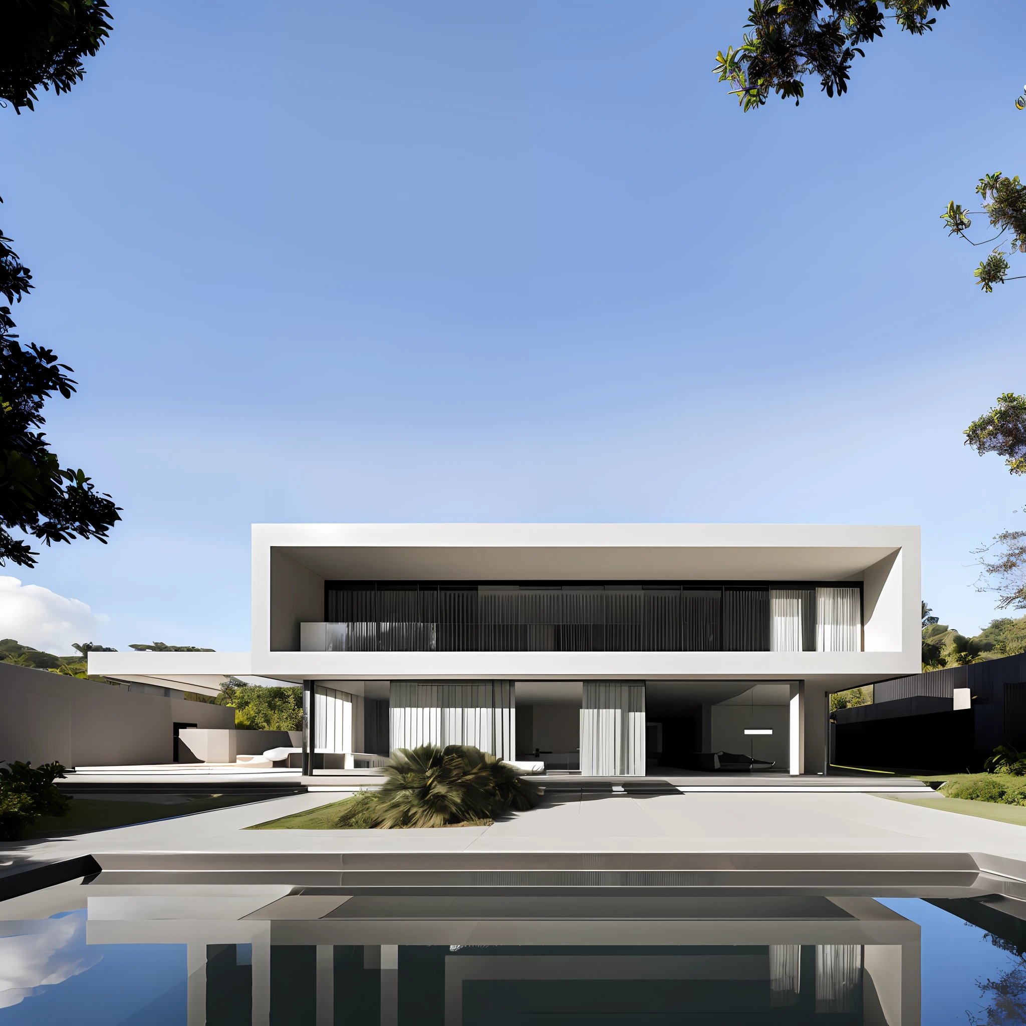 ((obra-prima, melhor qualidade)), 8k, estilo de arquitetura moderna, foto realista, david chipperfield, foto hiperdetalhada, single box, 3D digital rendering of a building, Descreva meticulosamente uma casa moderna de arquitetura minimalista, characterized by the presence of few and strategically placed windows. Localizada em uma rua cercada por imponentes muros altos, The house is an example of architectural realism, with every detail – from the textures of building materials to the reflections of passing cars – being minutely represented