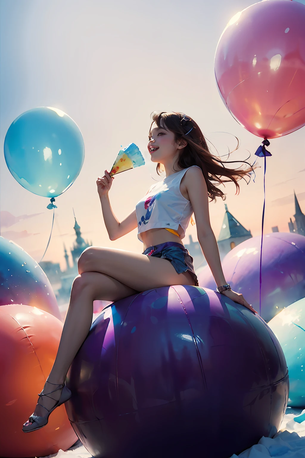 A girl sitting on a giant ice cream, which is adorned with vibrant colors, delightful frosting, and rainbow sprinkles. She holds an oversized waffle cone,shimmering candies. Floating around her are some small balloons, each tied to a petite candy. The scene is filled with sweetness and joy, showcasing the girl's happiness and the enchanting fusion of her imagination and a fantastical world,fantasy, high contrast, ink strokes, explosions, over exposure, purple and red tone impression , abstract, ((watercolor painting by John Berkey and Jeremy Mann )) brush strokes, negative space,