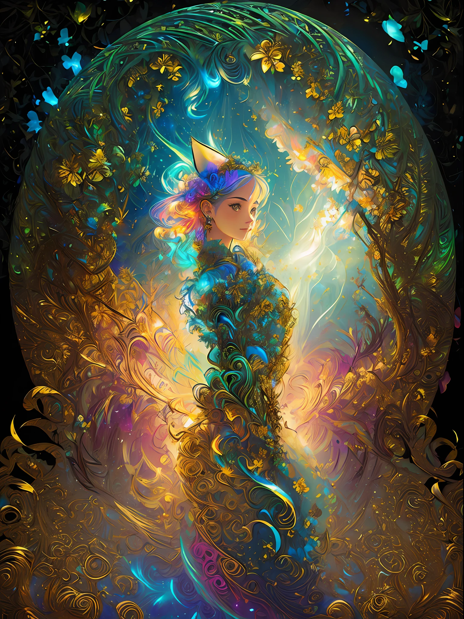 (masterpiece,beautiful and aesthetic:1.2), (1girl:1.3), extremely detailed,(fractal art:1.1),(colorful:1.1)(flowers:1.3),highest detailed,(zentangle:1.2), (dynamic pose), (abstract background:1.3), (shiny skin), (many colors:1.4),(earrings), (tail of light :1.5),ivy frame,