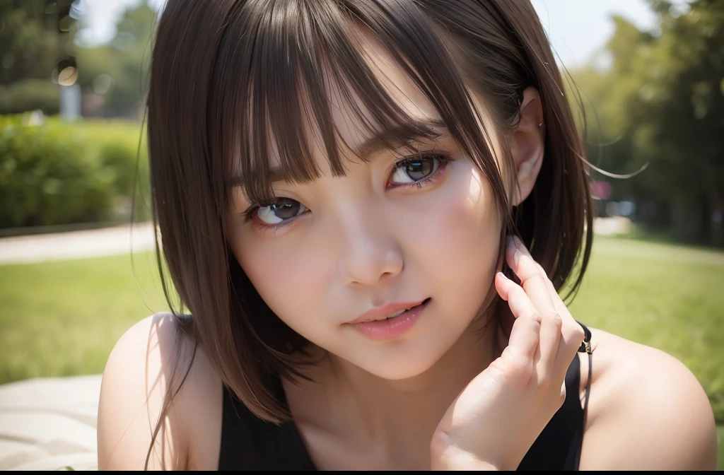top-quality、masterpiece、超A high resolution、(Photo Real:1.3)、slender figures、dark brown hair、bob、Sleeveless、a park、Highly detailed facial and skin texture、A detailed eye、二重まぶた、A big smile、Focal length 50mm lens、F-1.8、AccentLighting