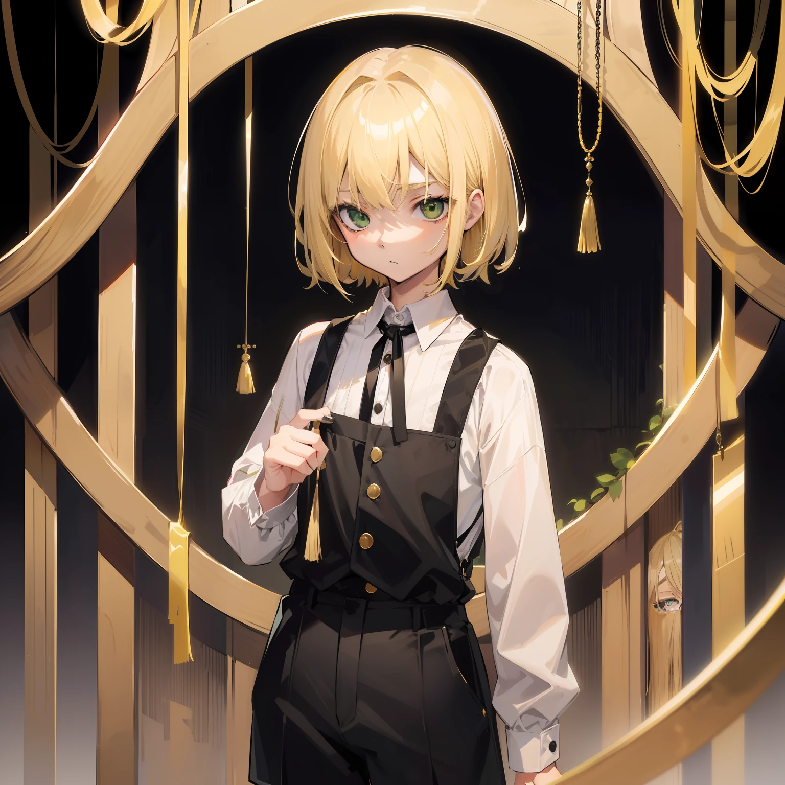 10 to 14 years old、neuter、Thin blonde hair、Short Wolf Cut、Hanging eyes、pale green eyes、deadpan、Black Suspender Shirt、Black shorts、Gold decoration on clothes