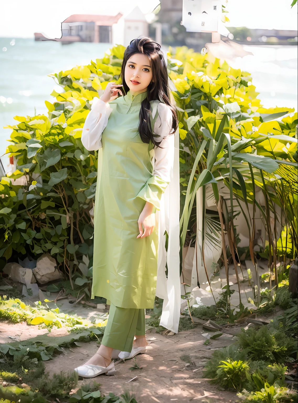 a close up of a woman in a green dress standing in a garden, inspired by Ambreen Butt, * colour splash *, with beautiful colors, feminine in cute pastel shades, painted pale yellow and green, by Riza Abbasi, pastel green, green and yellow tones, pale green glow, wearing a silk kurta, dreamy, sea - green and white clothes, realistic and detailed face, long hairs, background city, add little smoke