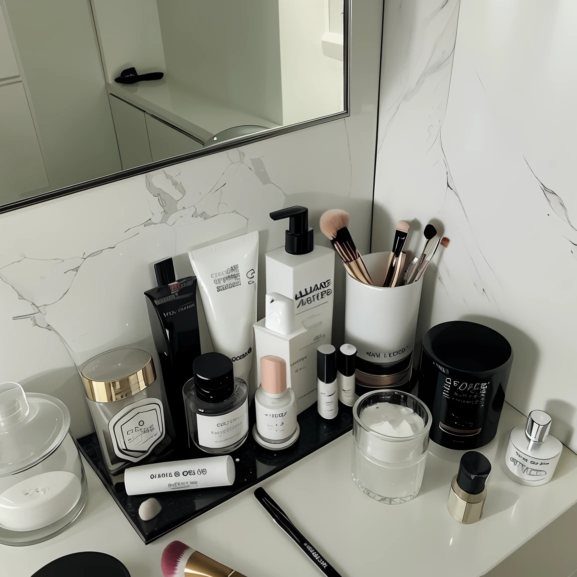 there are many different types of cosmetics and makeup products on the counter, vignette, clean and organized, profile pic, clean aesthetic, skincare, description, leaked image, image apothecary, exclusive, clean and neat, clean image, dark vignette, heavy vignette!, profile picture, best selling, pristine and clean, by Sam Black, neat and tidy