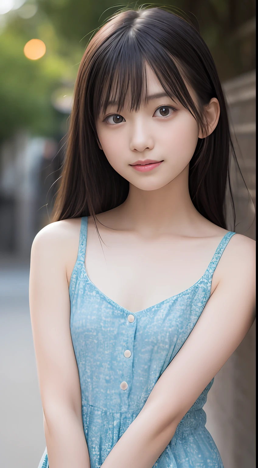 Masterpiece, Best quality, 8K, 15year old, Teenage uncensored, RAW photo, absurderes, award winning portrait, Solo, Night, neonlight, Idol face, violaceaess, gardeniass, Delicate girl, full bodyesbian, Digital SLR, view the viewer, candid, Sophisticated, Youthful, Smile, Thin arms, Professional lighting, filmgrain, color difference, (Detailed eyes and face:1.0), (Bokeh:1.1)