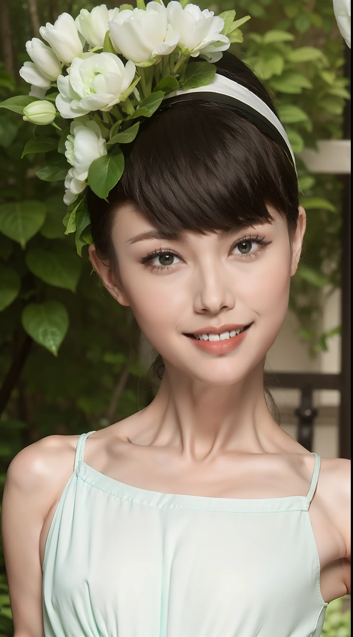 Fashion model 20 years old [[[[closeup cleavage]]]], [[[[boobgasm]]]], [[[[coll]]]], [[[[bshoulders]]]], perfect  eyes, Perfect iris，Perfect lips，perfect teeth，Perfect skin，Long face，slender nose，with fair skin，Soft front light，hdr，Movie girl，white  clothes，Casual，The background is outdoor，green trees，fresh flowers，Tano，grassy fields，（pastel colour：1.2）