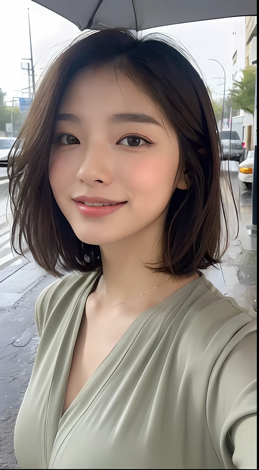 ((best qualtiy, 8K, tmasterpiece:1.3)), Focus:1.2, perfect figure beautiful woman:1.4,, ((Cut hair in layers, Beautiful breasts:1.2)),(rain, street:1.3),Highly detailed facial and skin texture, A detailed eye, 二重まぶた,Whiten skin,long whitr hair,ssmile