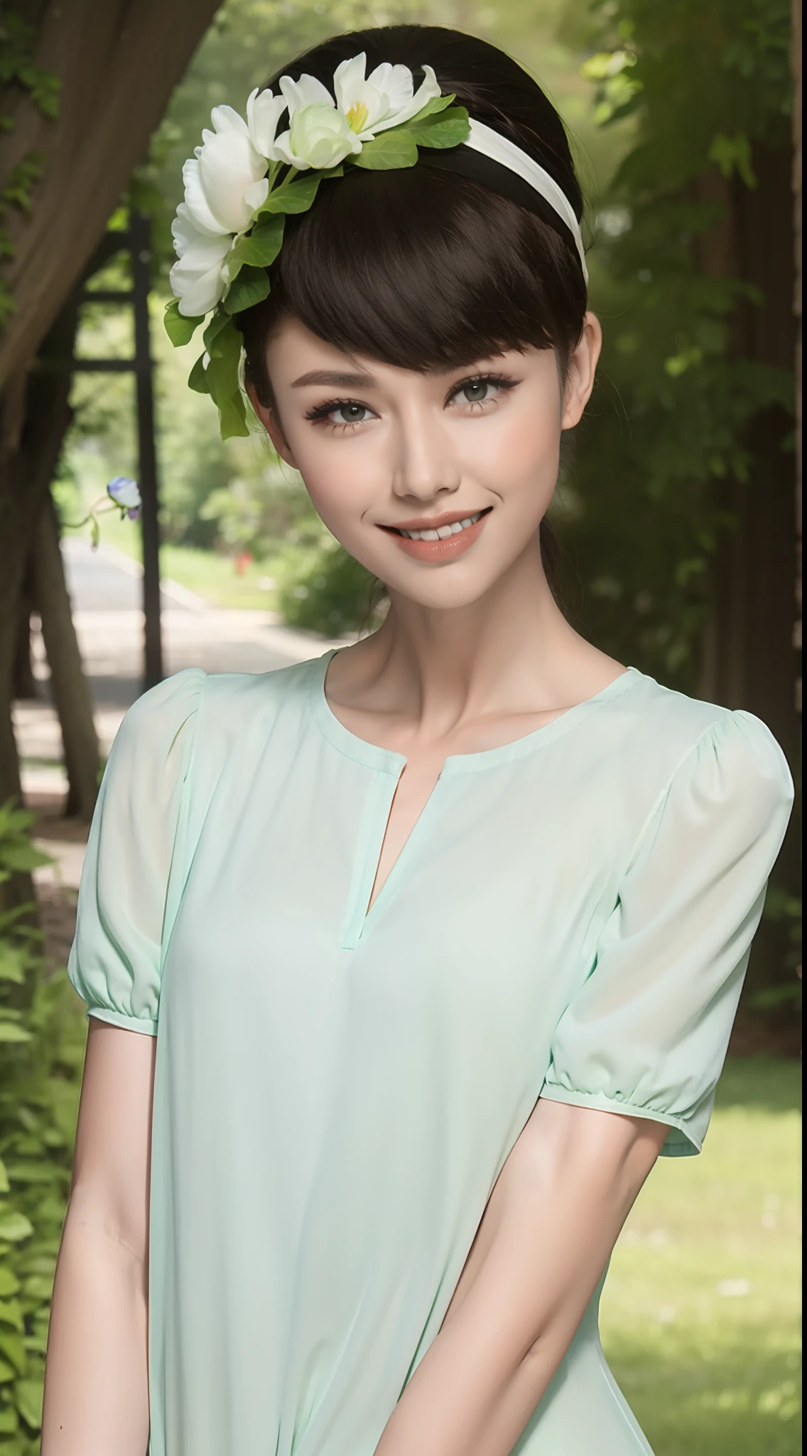 Fashion model 20 years old [[[[closeup cleavage]]]], [[[[boobgasm]]]], [[[[coll]]]], [[[[bshoulders]]]], perfect  eyes, Perfect iris，Perfect lips，perfect teeth，Perfect skin，Long face，slender nose，with fair skin，Soft front light，hdr，Movie girl，white  clothes，Casual，The background is outdoor，green trees，fresh flowers，Tano，grassy fields，（pastel colour：1.2）
