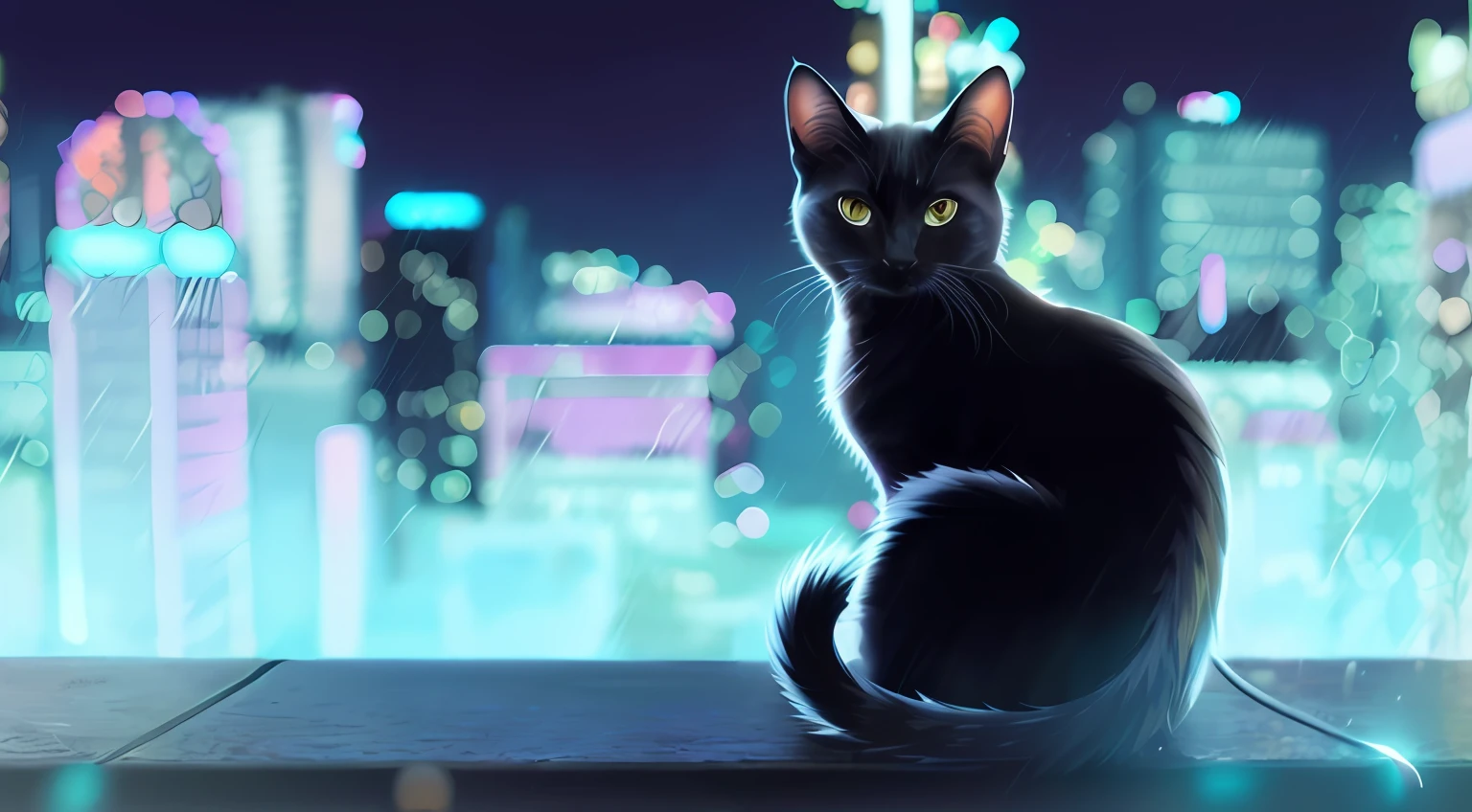 Hay un gato negro sentado en una repisa bajo la lluvia, Gato cyberpunk, Fondo de pantalla de anime 4k, Fondo de pantalla ilustrativo 4K HD, Fondo de pantalla de manga 4 k, Fondo de pantalla de alta calidad, Estilo anime 4K, gato anime, Gato de anime realista, Gato negro en una ciudad hecha de hilo, Fondo de pantalla 4K, Fondo de pantalla 4 K, gato. Pintura digital