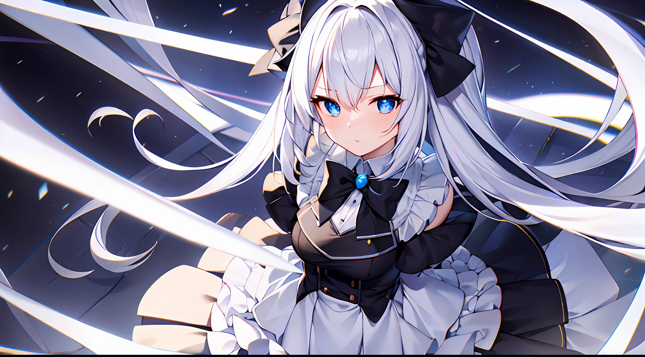 Hyper-detailing，A high resolution，best qualtiy，top Quority，8k wallpaper，White pleated skirt，Black bow，Black pattern，chiquita，Blue pupil，Long white hair，Perfectcomposition，Soft hair，solo person，Side Body，half-body portrait，HighestQuali，expressiveless，Elegant